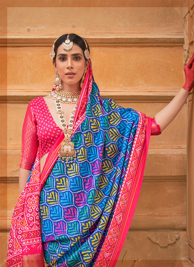 Monjolika Fashion Blue Patola Print Silk Ceremonial Trendy Saree - Distacart