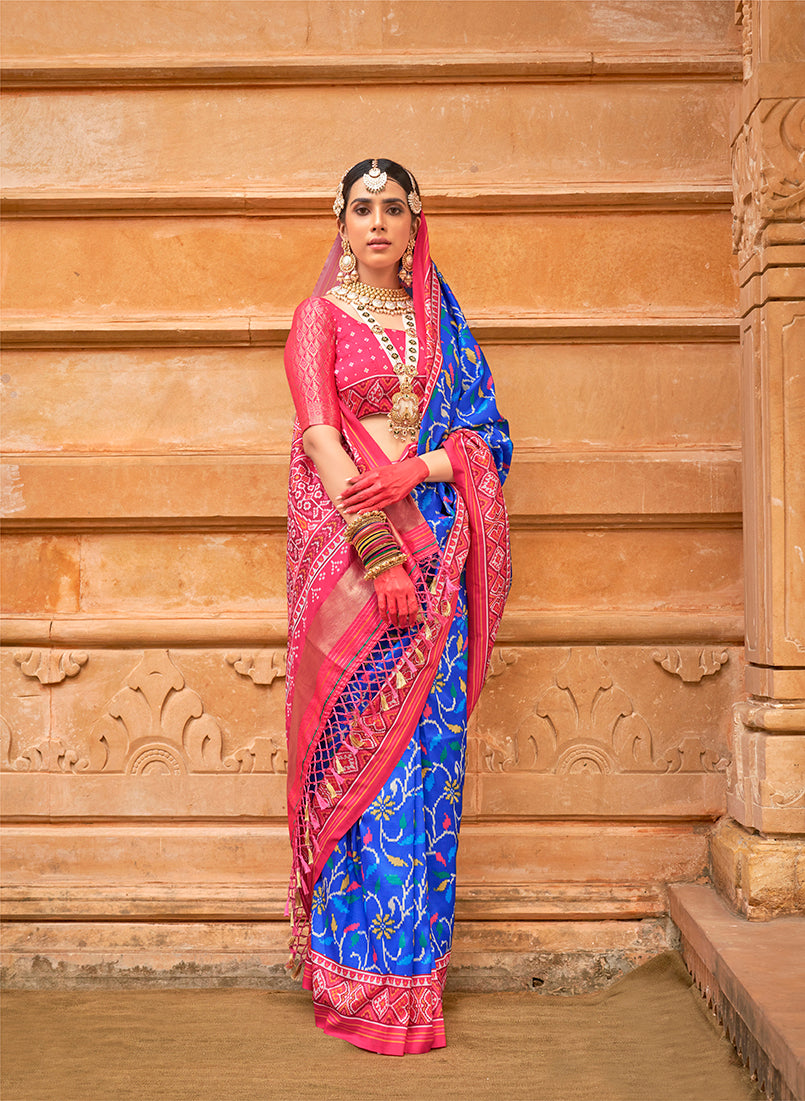 Monjolika Fashion Blue Patola Print Silk Ceremonial Trendy Saree - Distacart