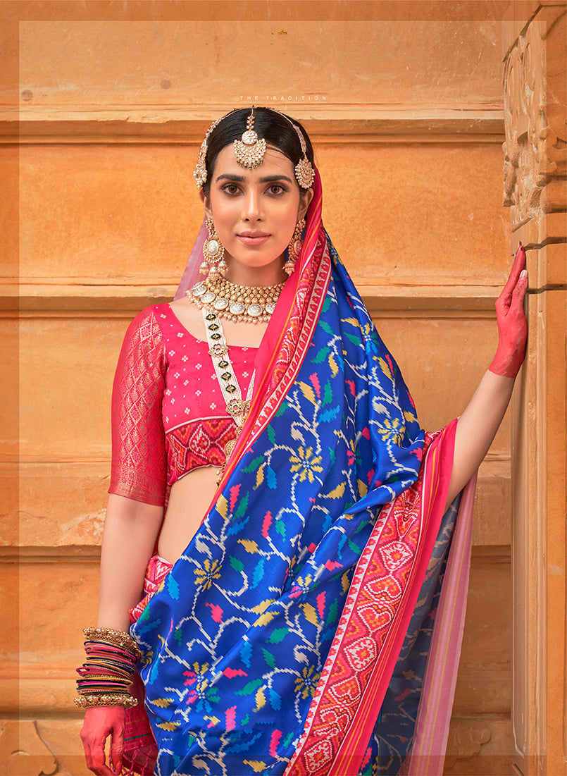 Monjolika Fashion Blue Patola Print Silk Ceremonial Trendy Saree - Distacart