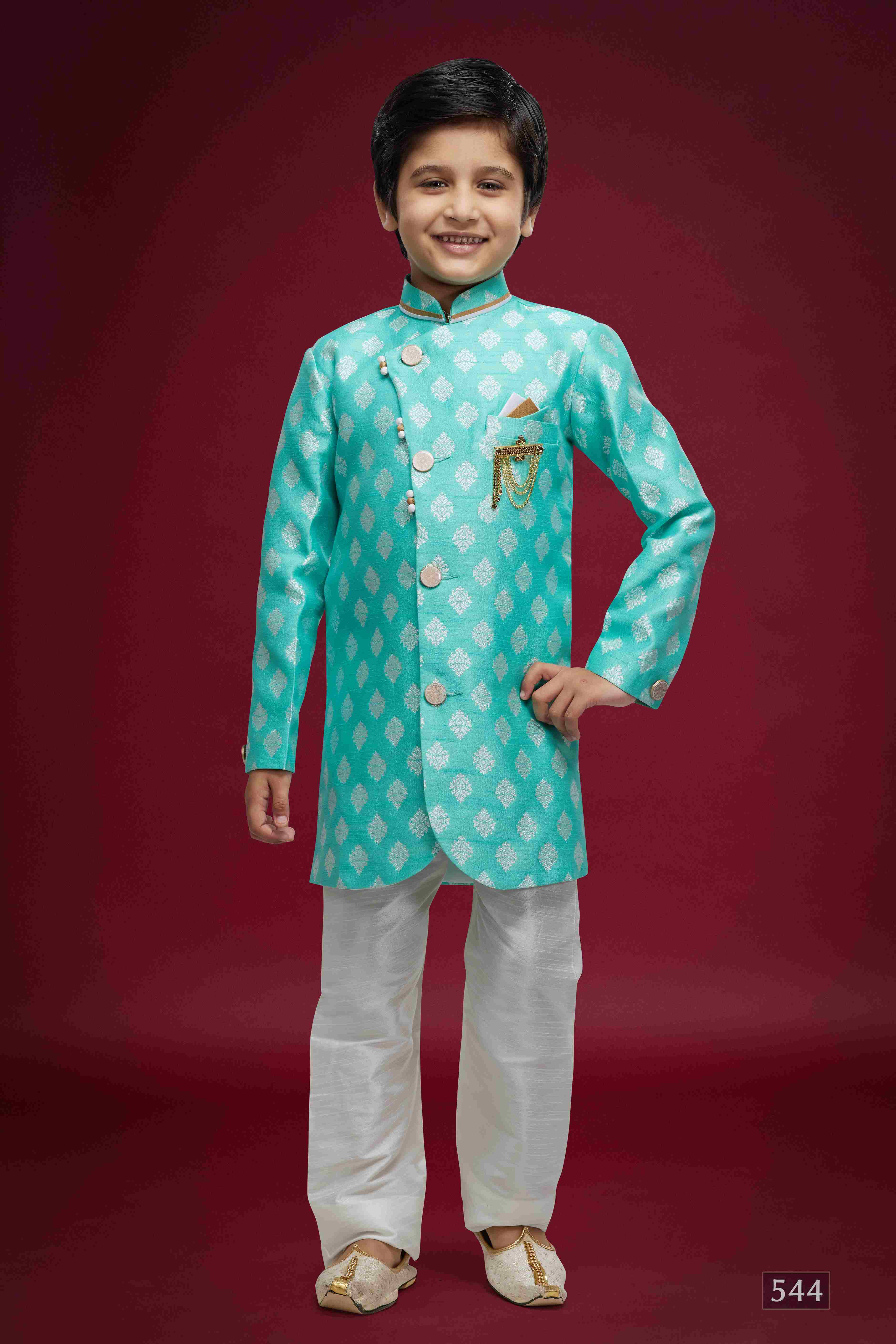 Raivat Ethnic Kids Banarasi Jacquard Woven Work Semi Indo Western Set Sky Blue Colour