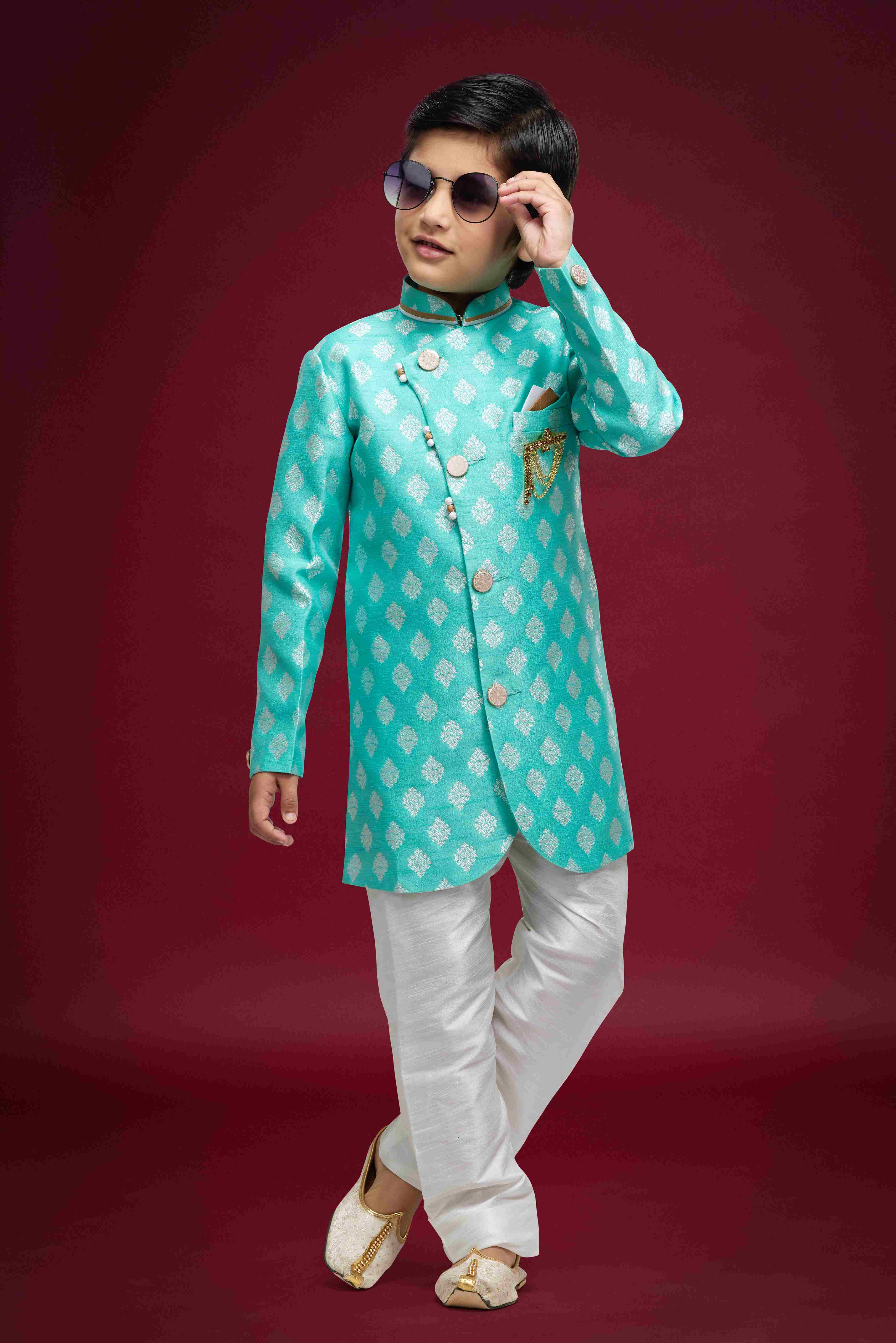 Raivat Ethnic Kids Banarasi Jacquard Woven Work Semi Indo Western Set Sky Blue Colour