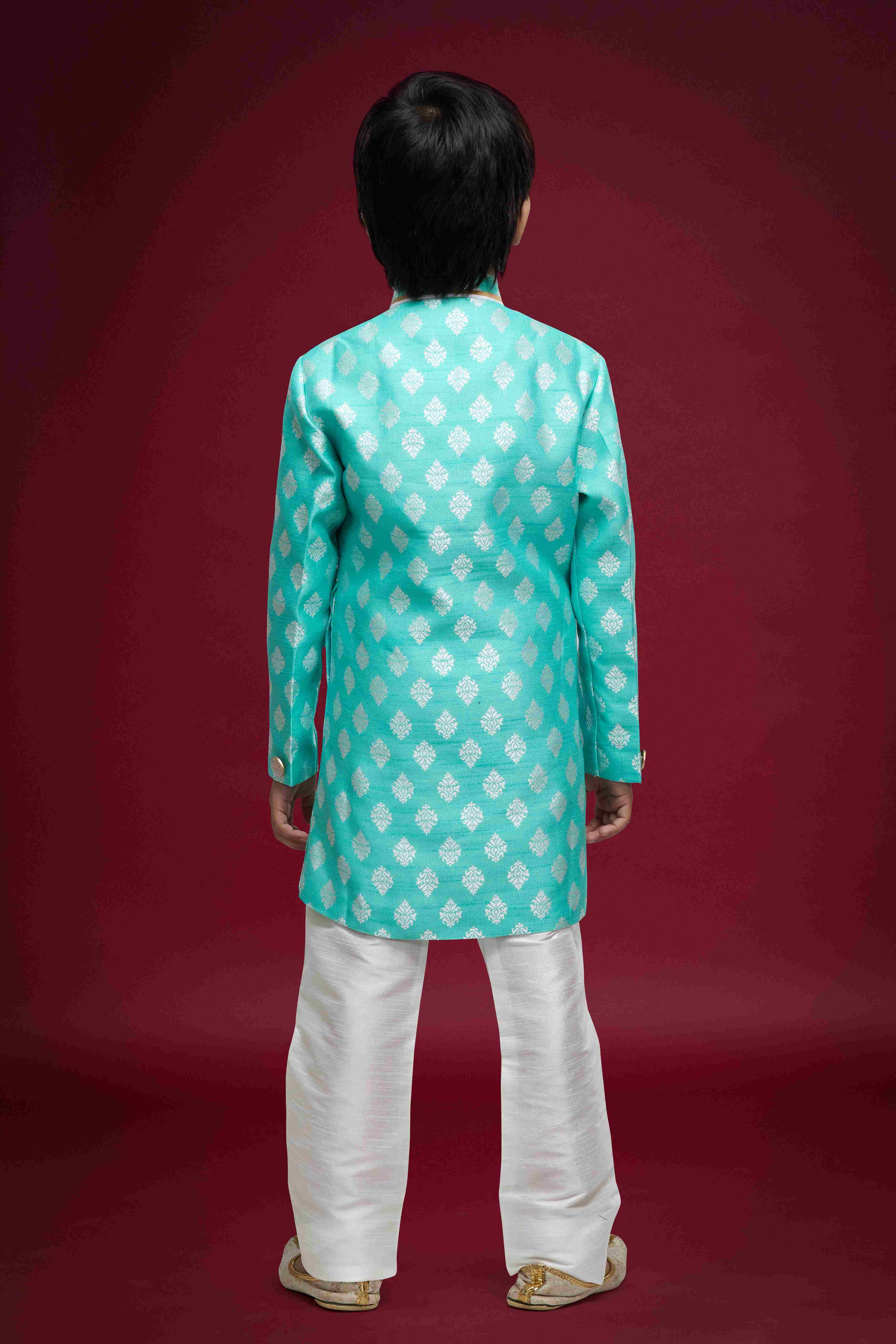 Raivat Ethnic Kids Banarasi Jacquard Woven Work Semi Indo Western Set Sky Blue Colour