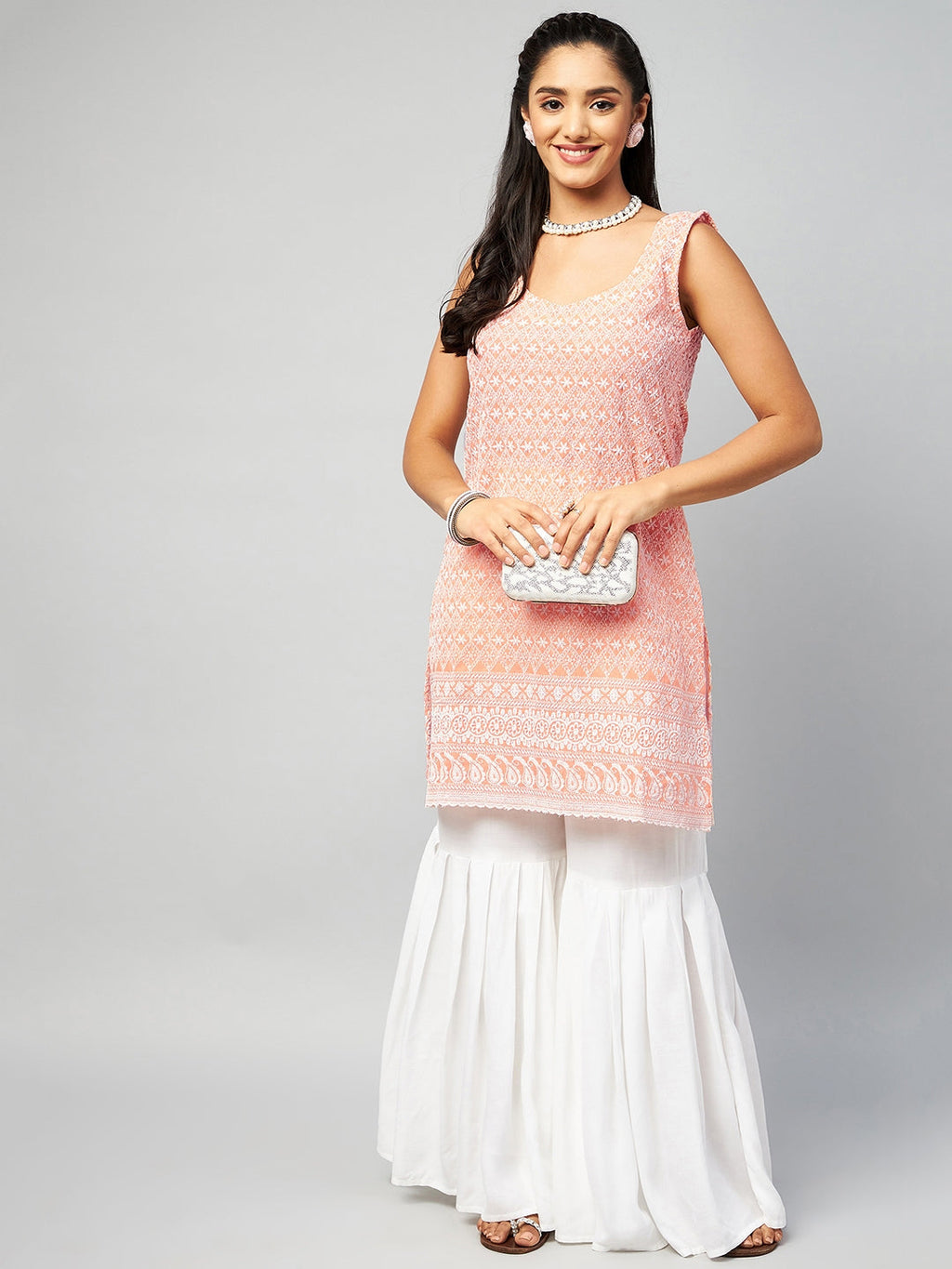 InWeave Women's Peach Sweetheart Neckline Kurta