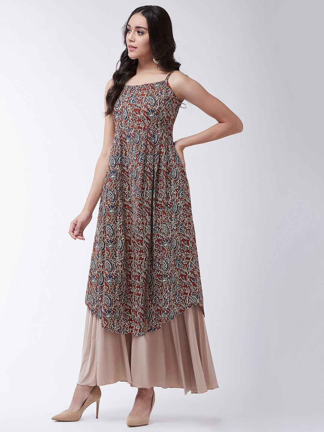 InWeave Women's Maroon Kalamkari Strappy Kurta