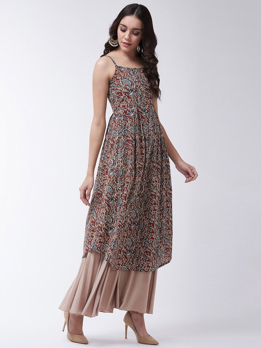 InWeave Women's Maroon Kalamkari Strappy Kurta