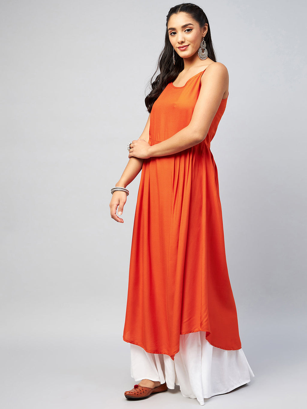 InWeave Women's Solid Orange Strappy Kurta
