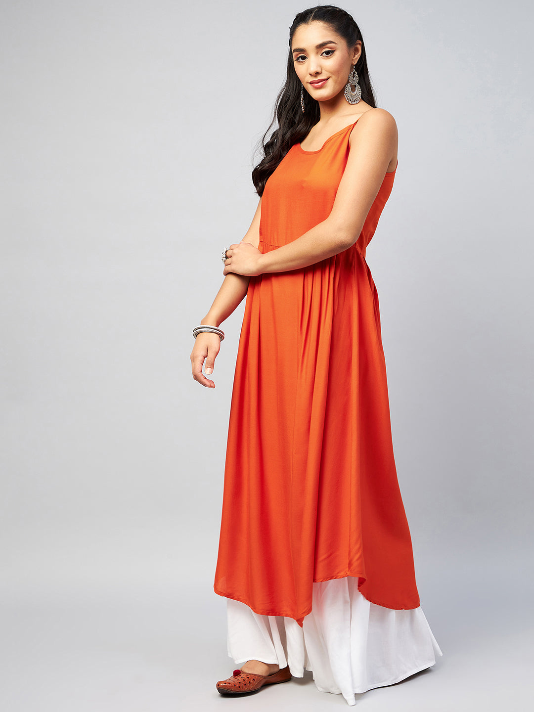 InWeave Women's Solid Orange Strappy Kurta