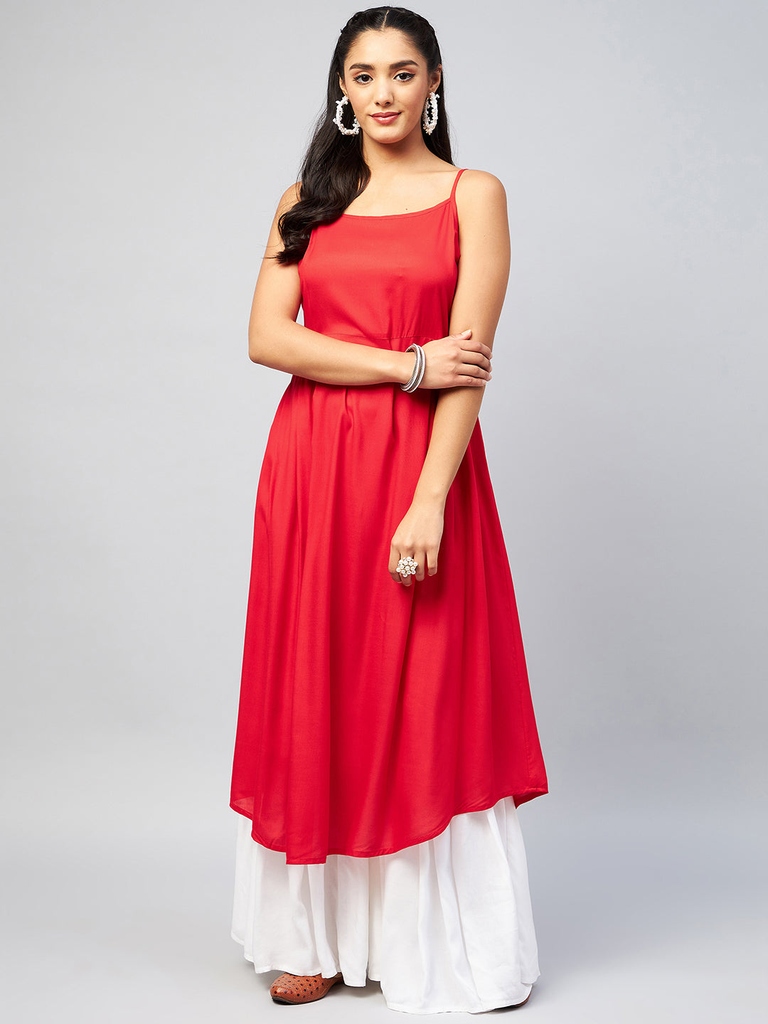 InWeave Women's Solid Red Strappy Kurta