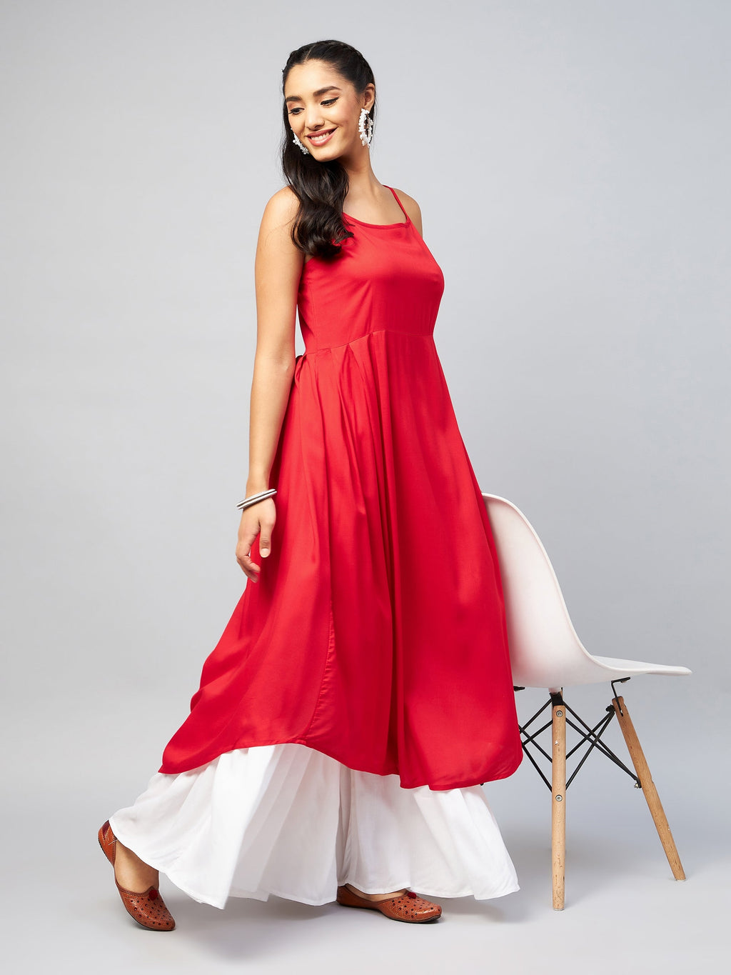 InWeave Women's Solid Red Strappy Kurta