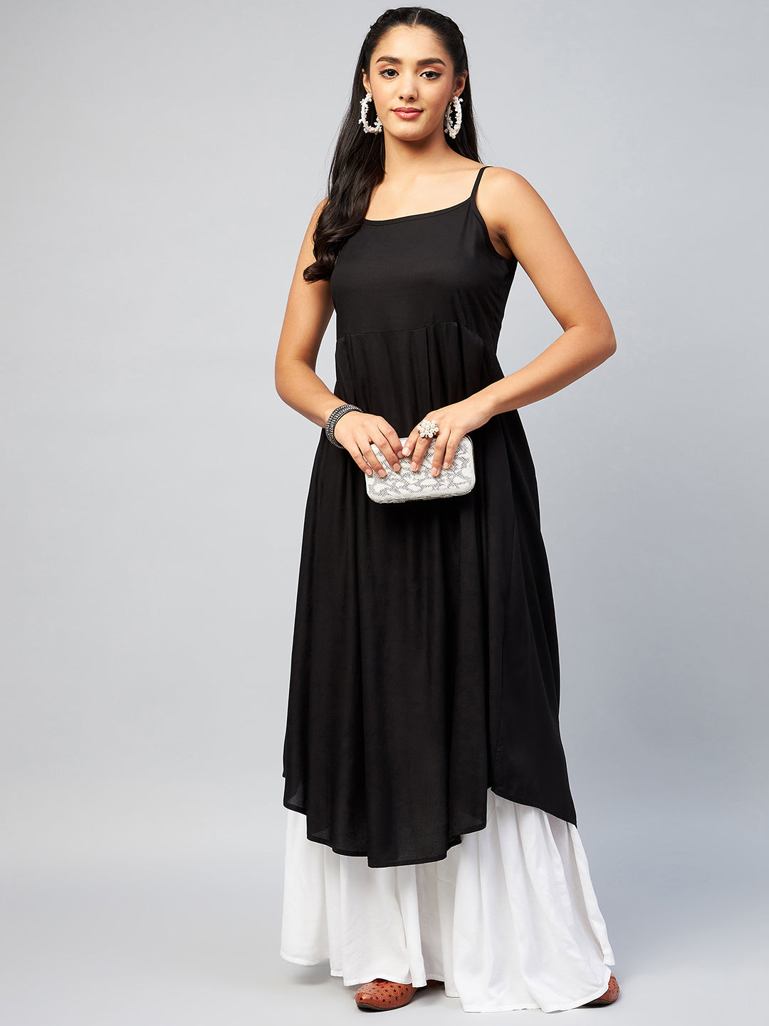 InWeave Women's Solid Black Strappy Kurta