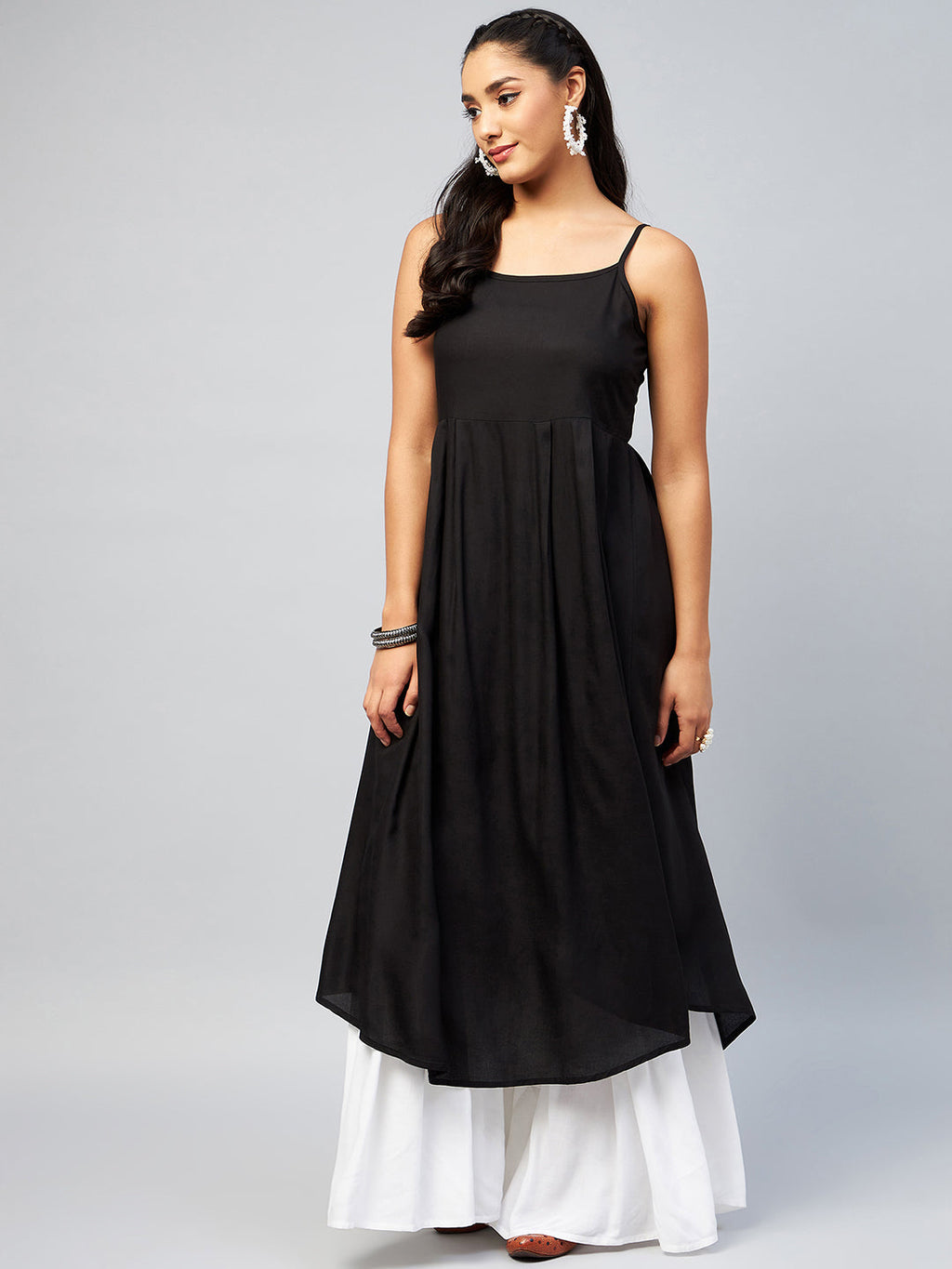 InWeave Women's Solid Black Strappy Kurta