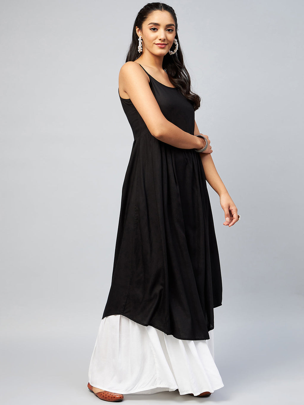 InWeave Women's Solid Black Strappy Kurta
