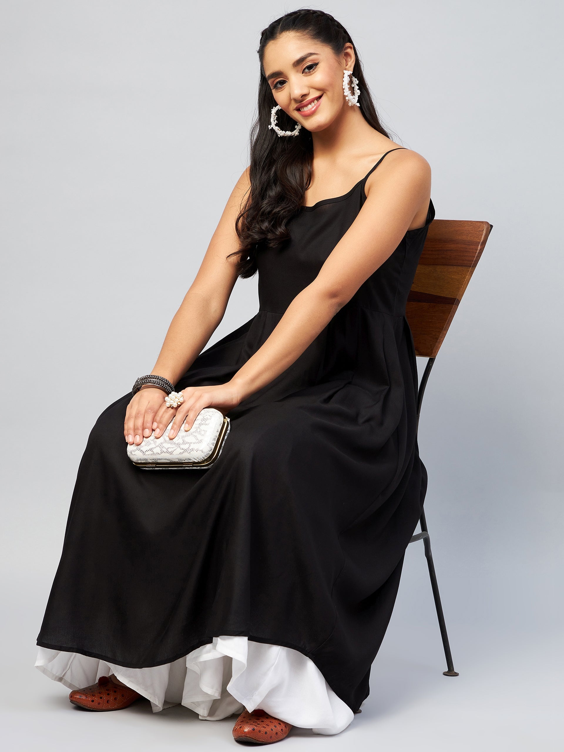 InWeave Women's Solid Black Strappy Kurta