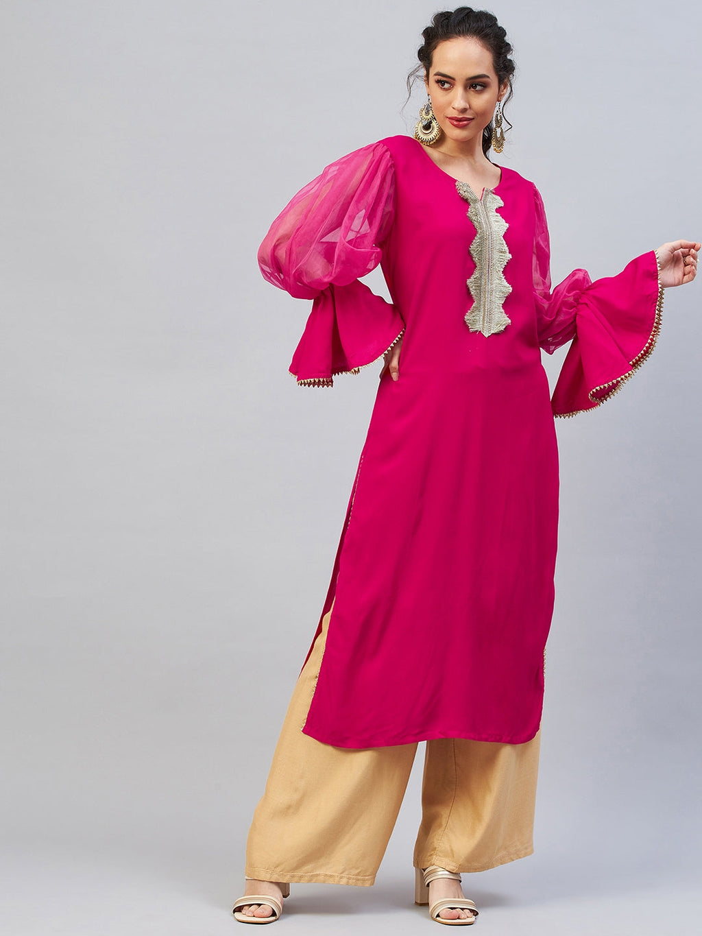 InWeave Women's Fuschia Organza Sleeve Gota Work Kurta
