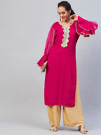 InWeave Women's Fuschia Organza Sleeve Gota Work Kurta