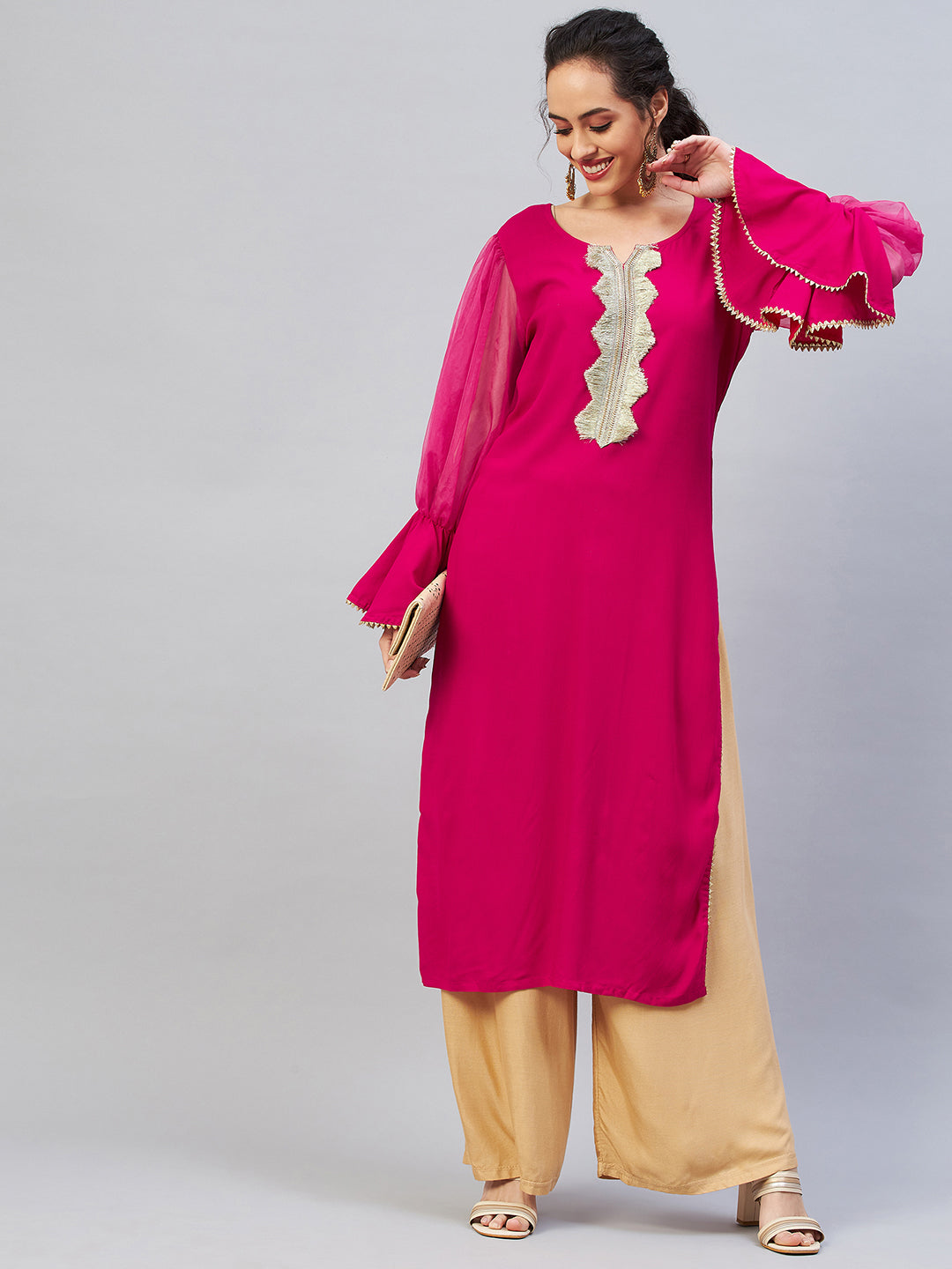 InWeave Women's Fuschia Organza Sleeve Gota Work Kurta