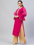 InWeave Women's Fuschia Organza Sleeve Gota Work Kurta