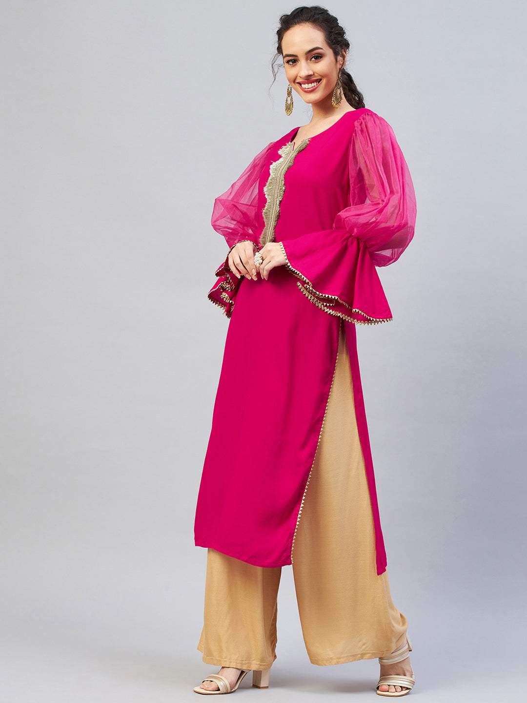 InWeave Women's Fuschia Organza Sleeve Gota Work Kurta