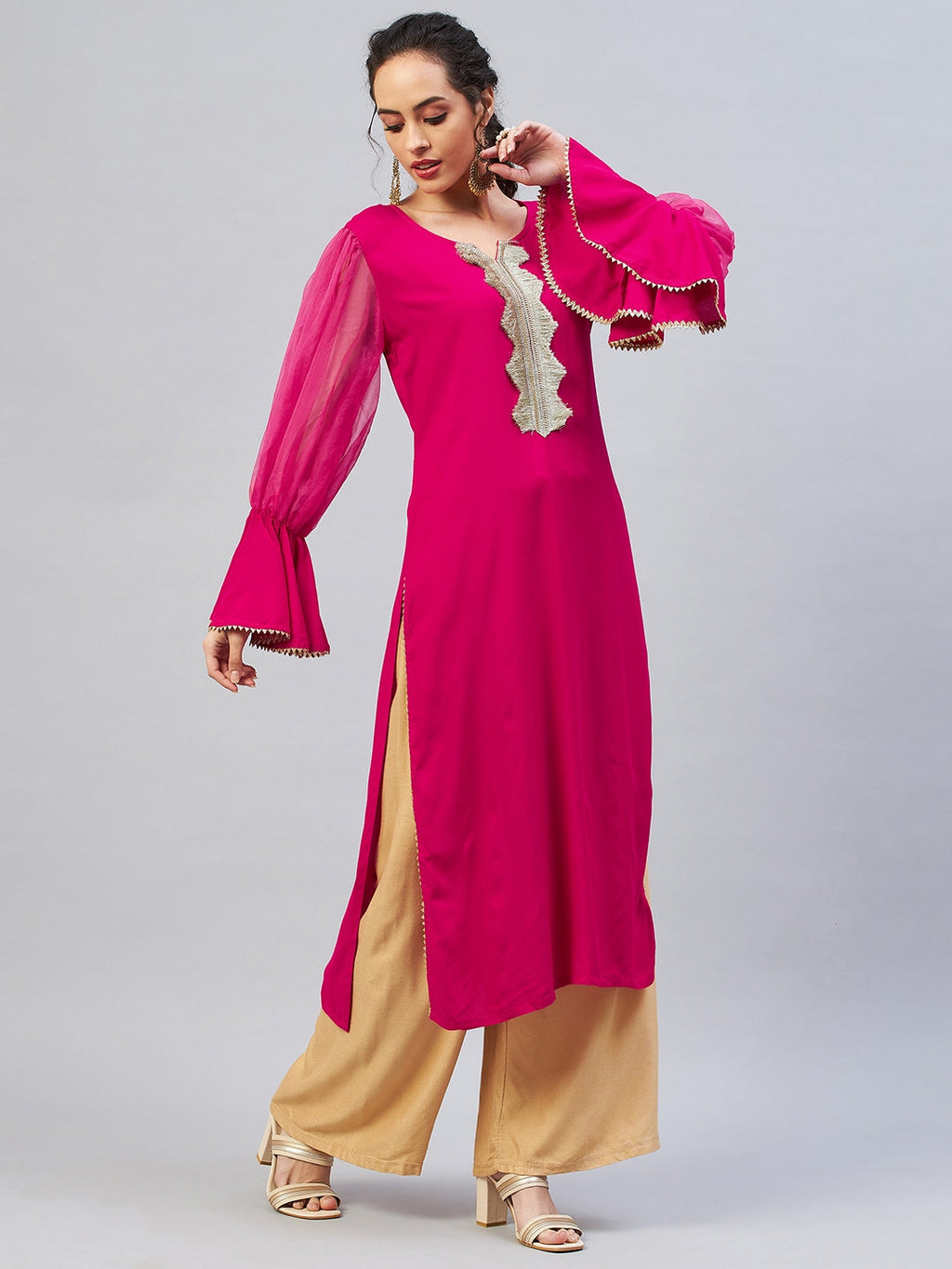 InWeave Women's Fuschia Organza Sleeve Gota Work Kurta