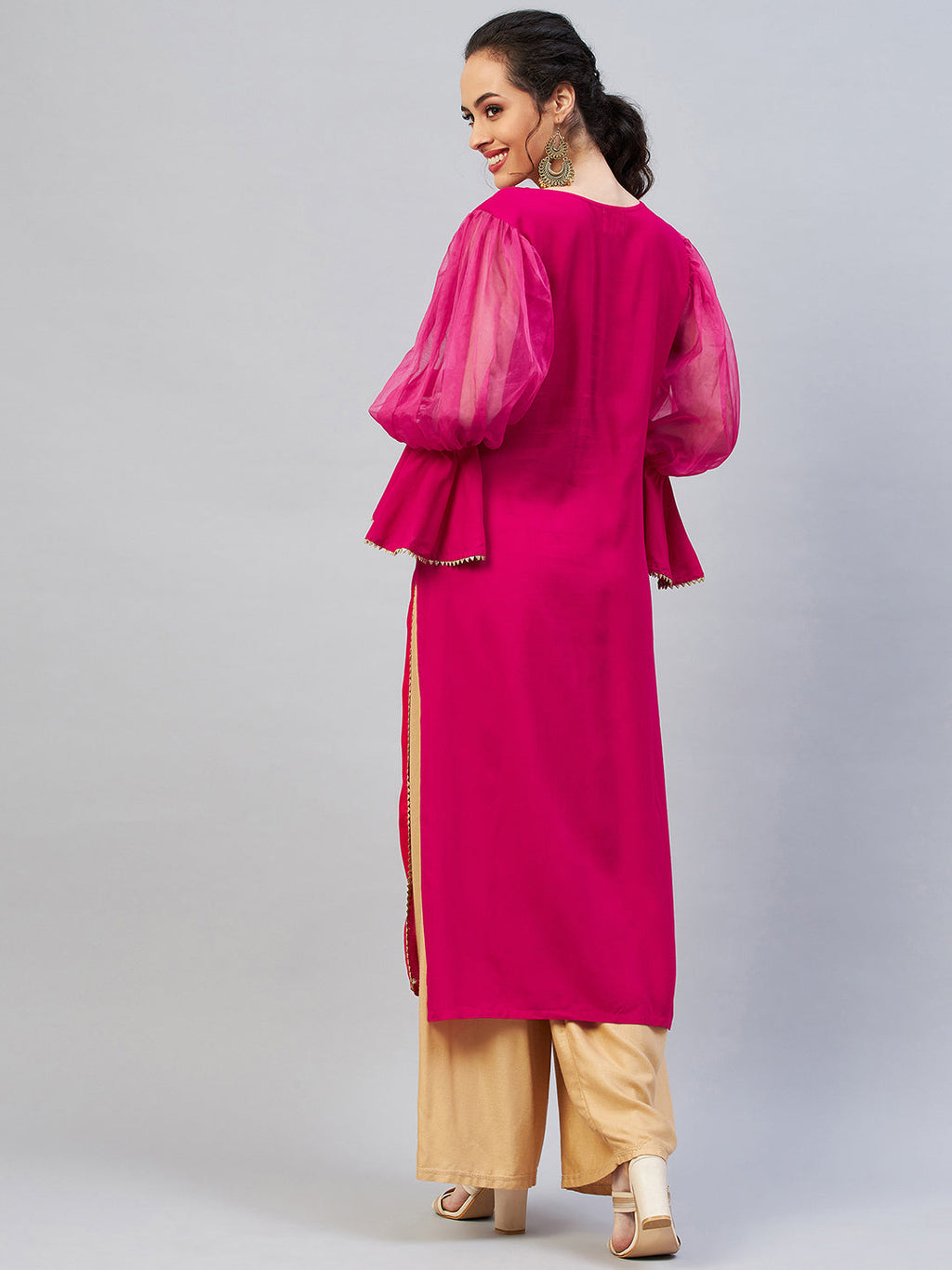 InWeave Women's Fuschia Organza Sleeve Gota Work Kurta
