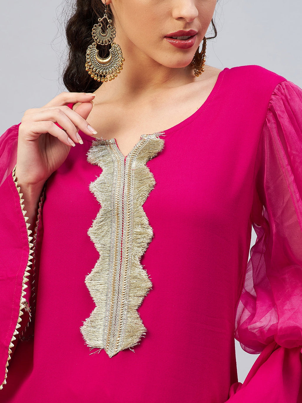 InWeave Women's Fuschia Organza Sleeve Gota Work Kurta