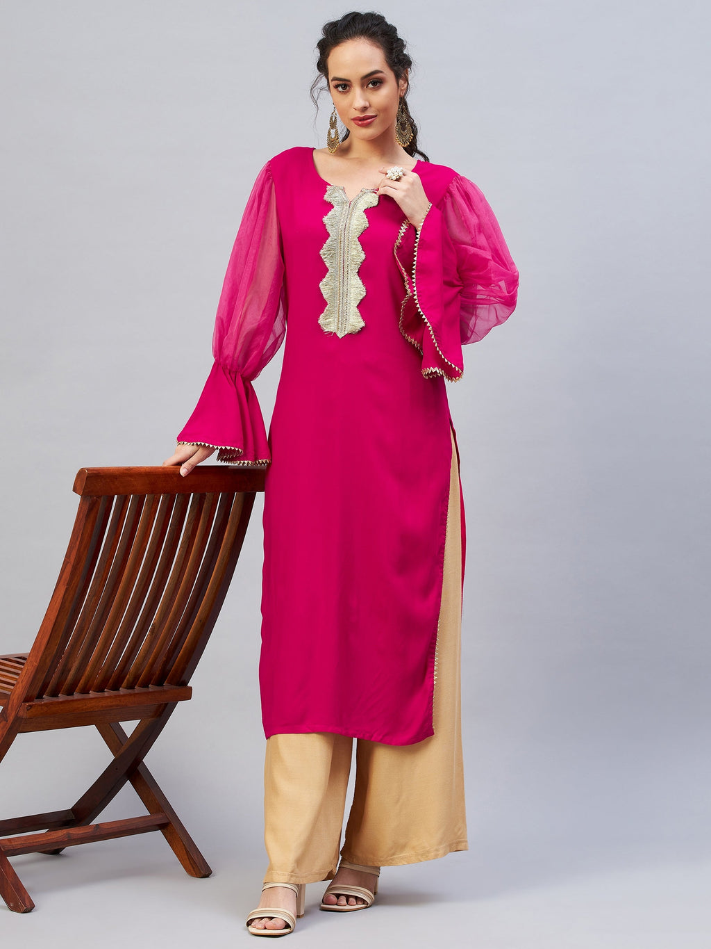 InWeave Women's Fuschia Organza Sleeve Gota Work Kurta