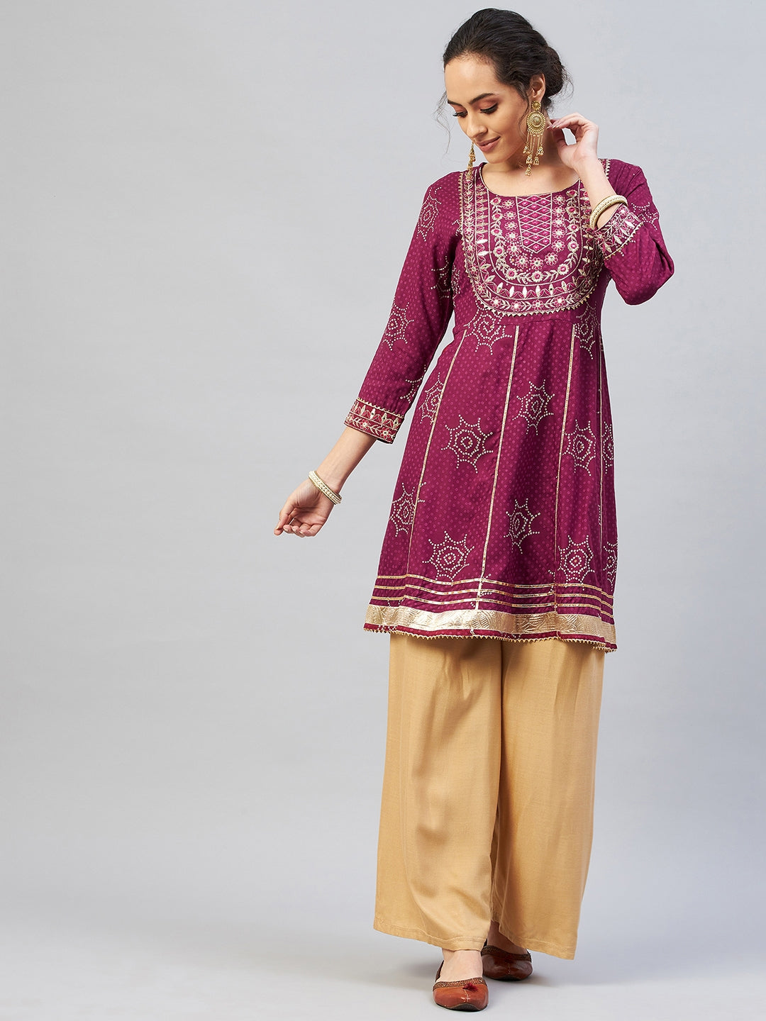 InWeave Women's Wine Gota Mirror Kurta