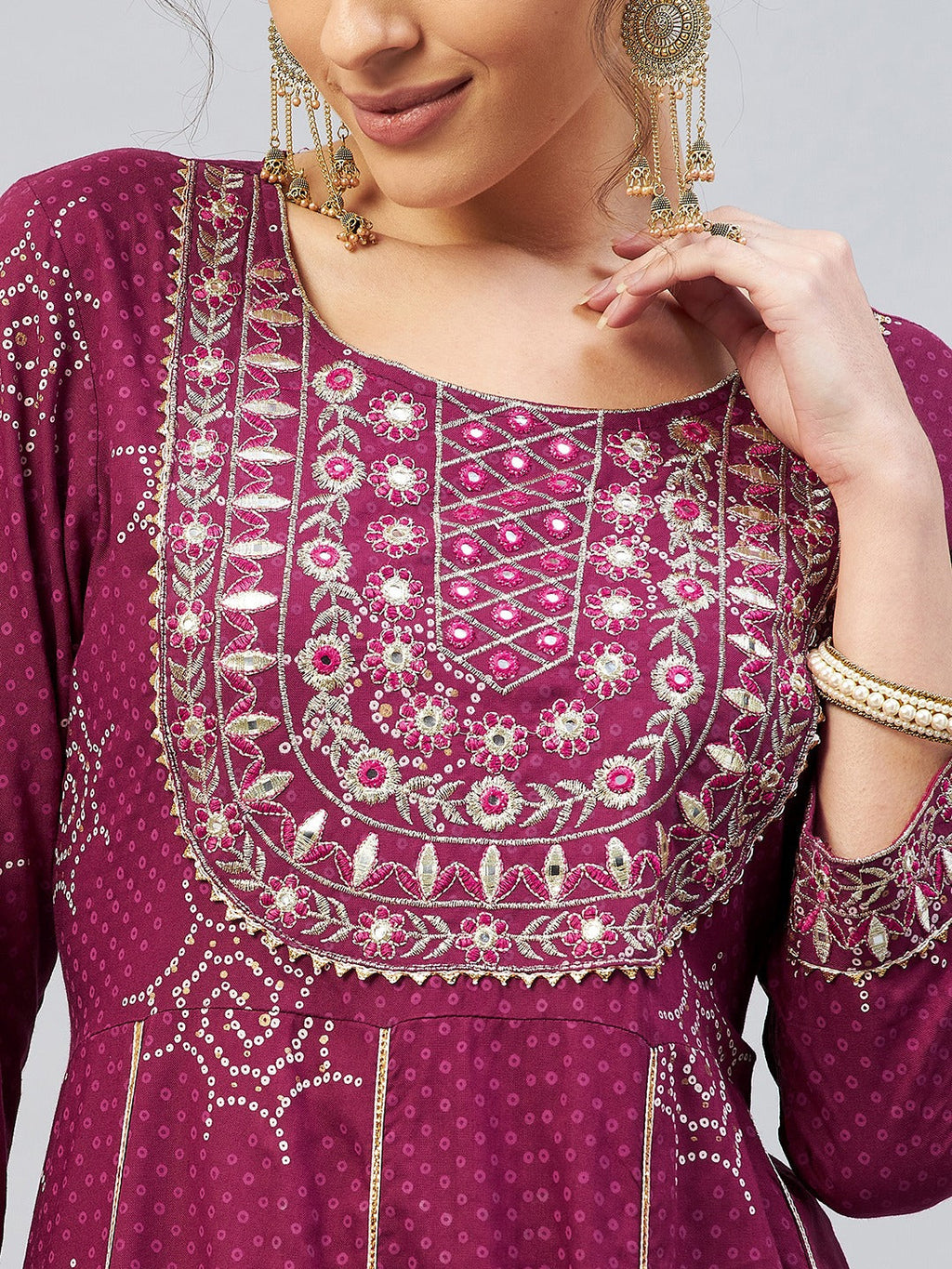InWeave Women's Wine Gota Mirror Kurta
