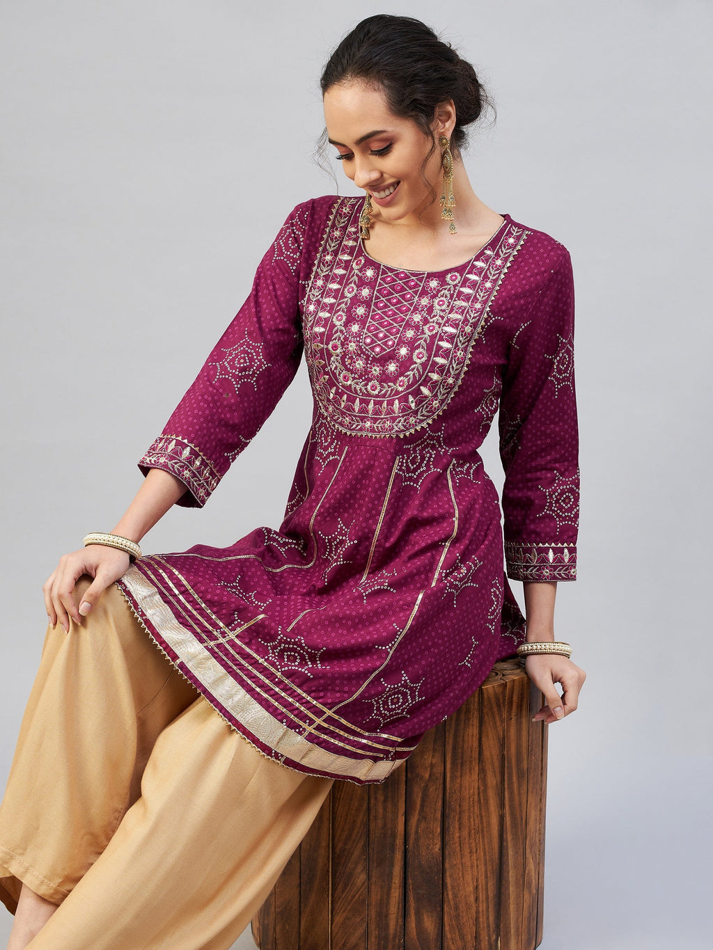 InWeave Women's Wine Gota Mirror Kurta