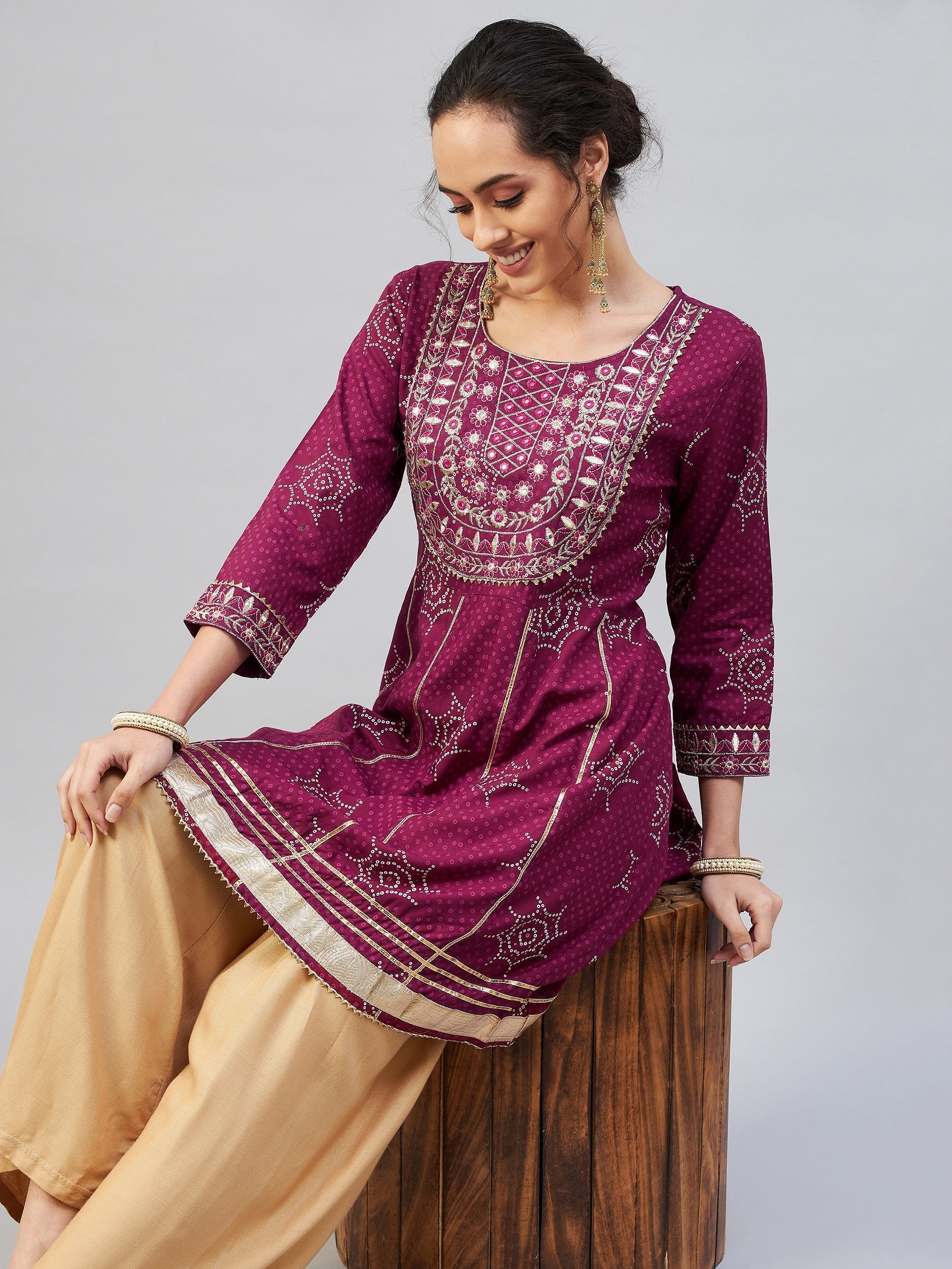 InWeave Women's Wine Gota Mirror Kurta