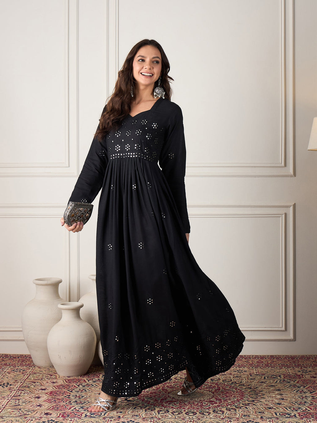 InWeave Black Mirror Work Long Anarkali Kurta - Distacart