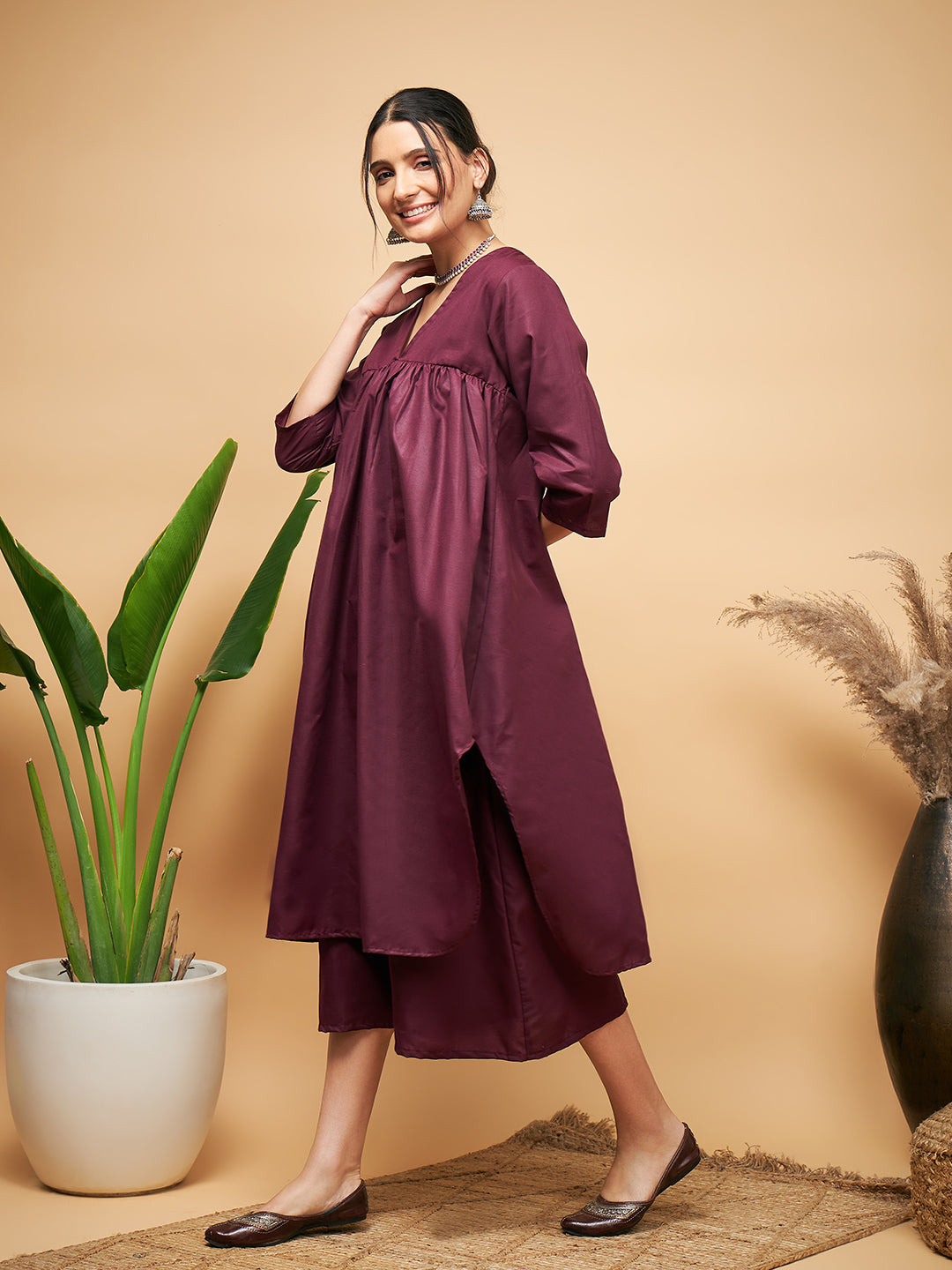InWeave Wine Solid Flared Kurta