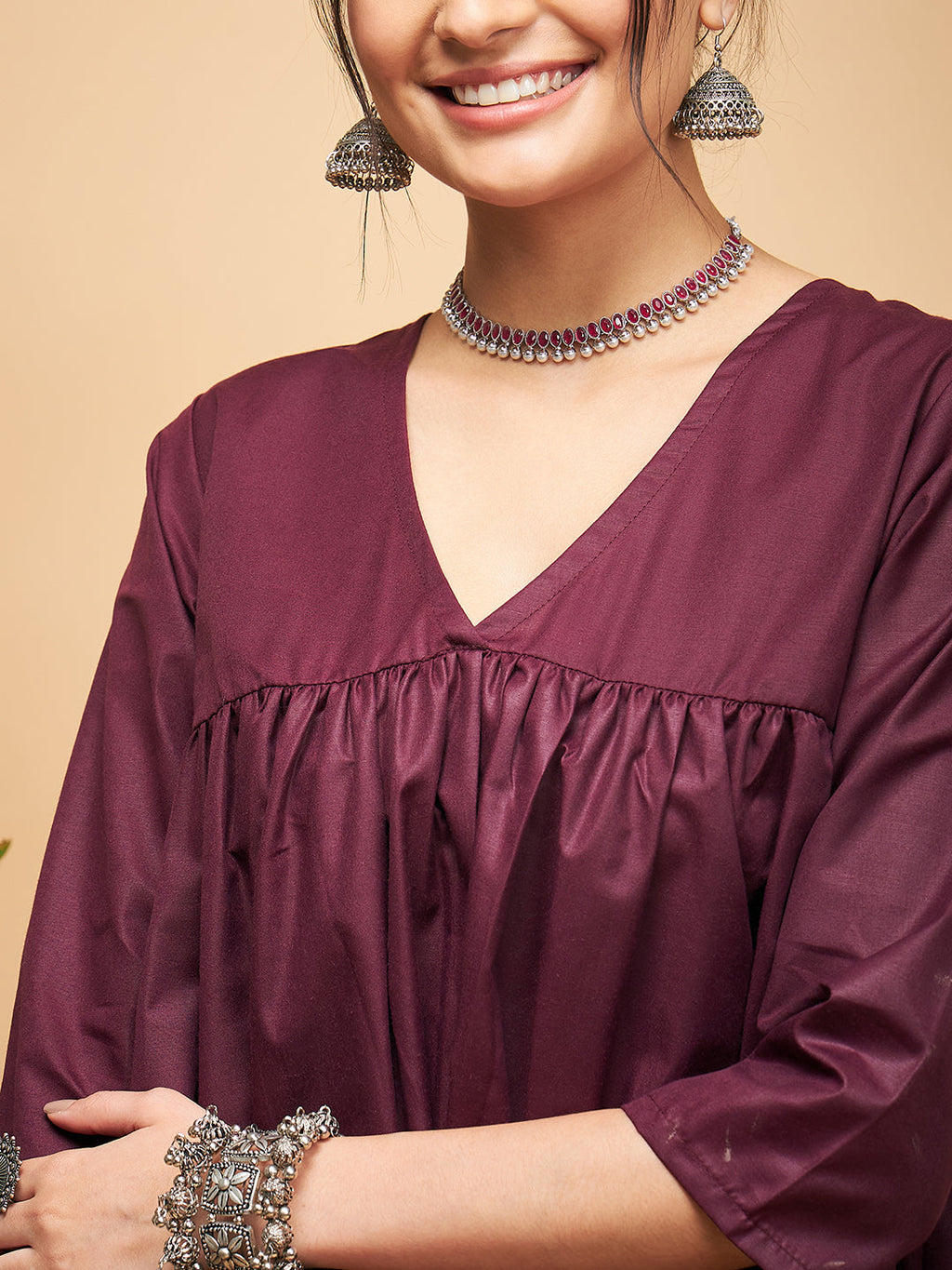 InWeave Wine Solid Flared Kurta