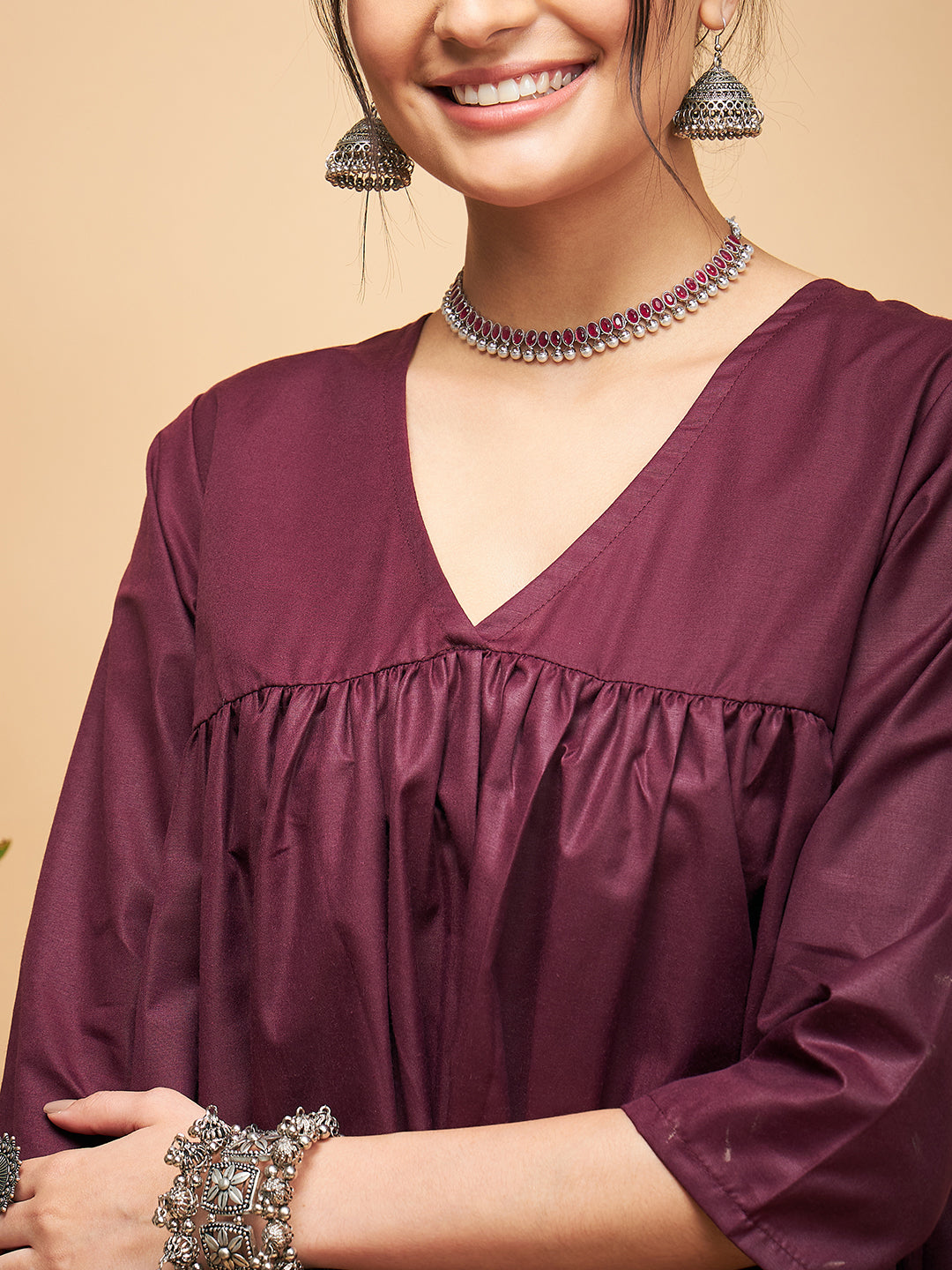 InWeave Wine Solid Flared Kurta