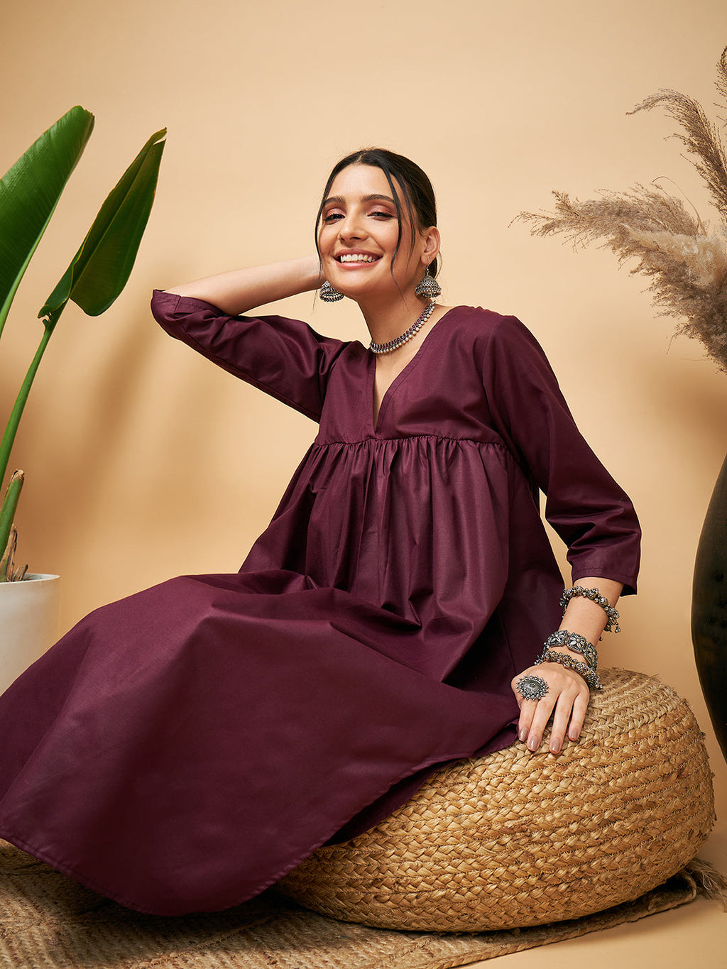 InWeave Wine Solid Flared Kurta