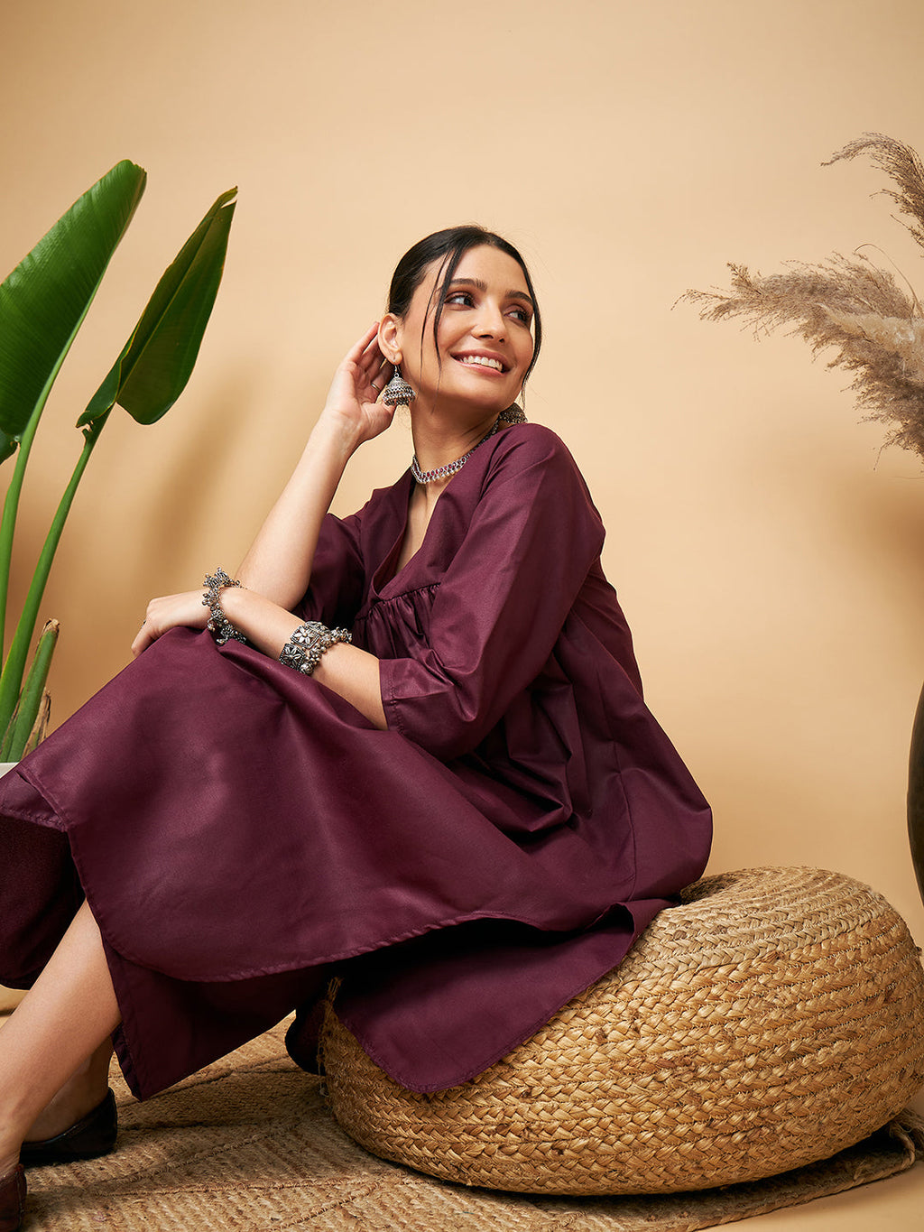 InWeave Wine Solid Flared Kurta