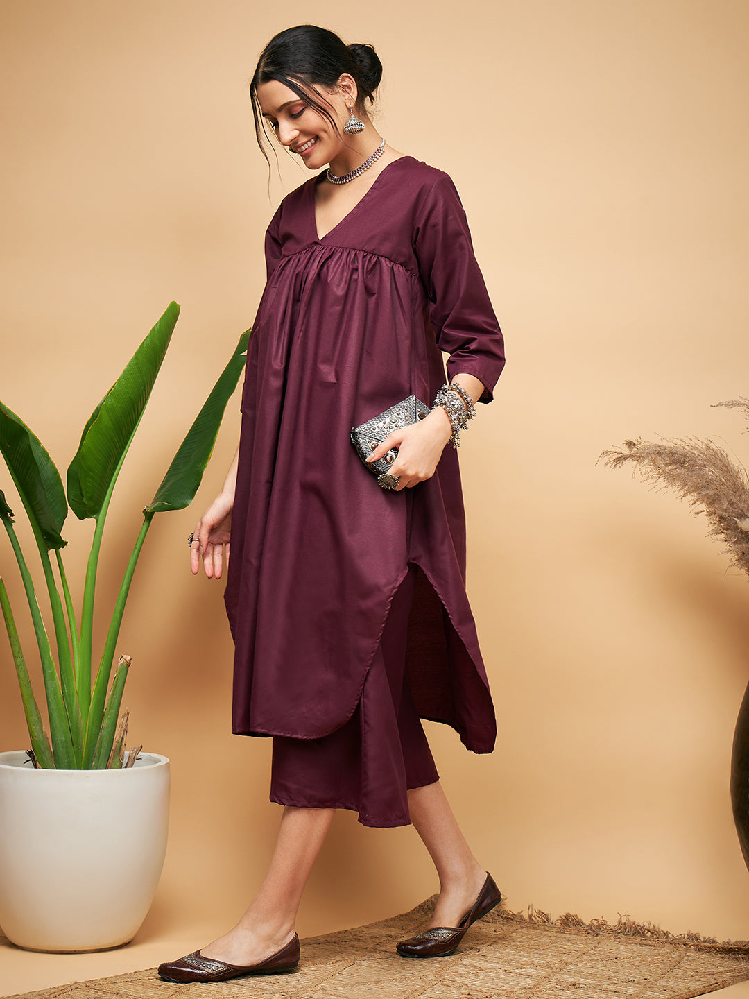 InWeave Wine Solid Flared Kurta