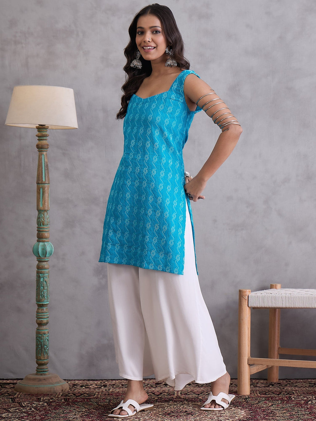 InWeave Cyan Blue Ikkat Kantha Kurta