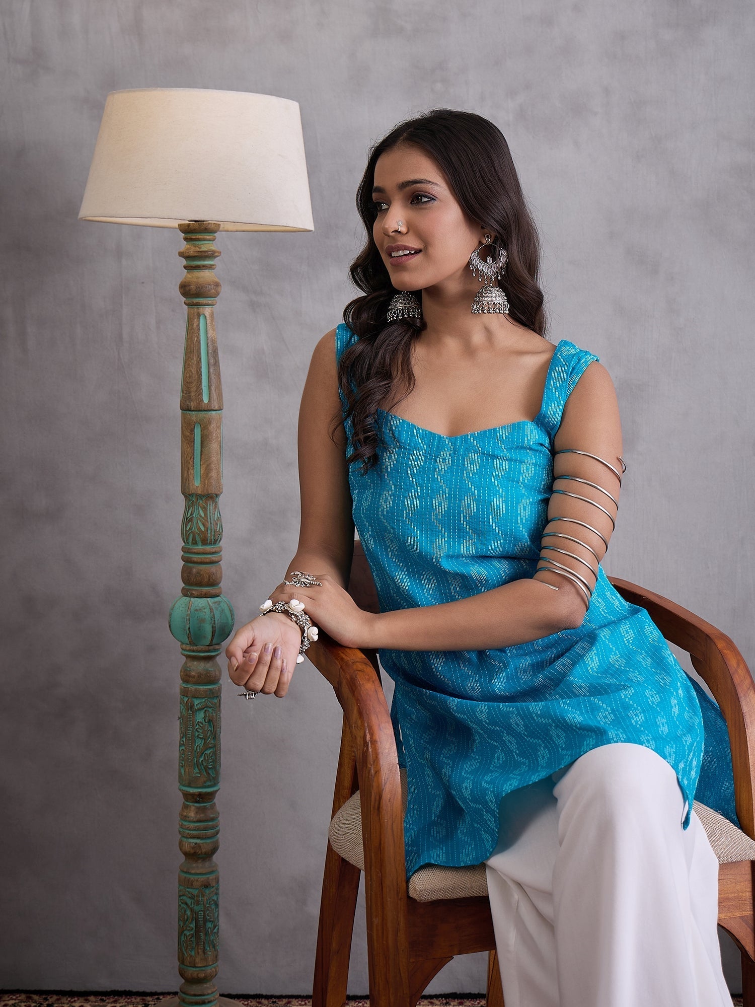 InWeave Cyan Blue Ikkat Kantha Kurta