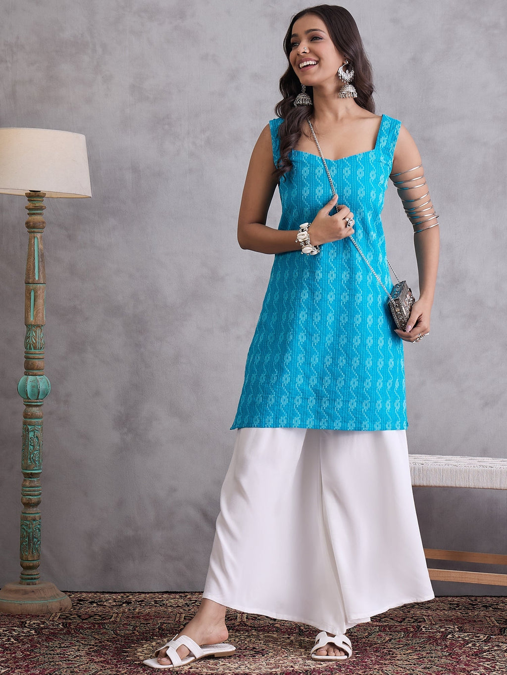 InWeave Cyan Blue Ikkat Kantha Kurta