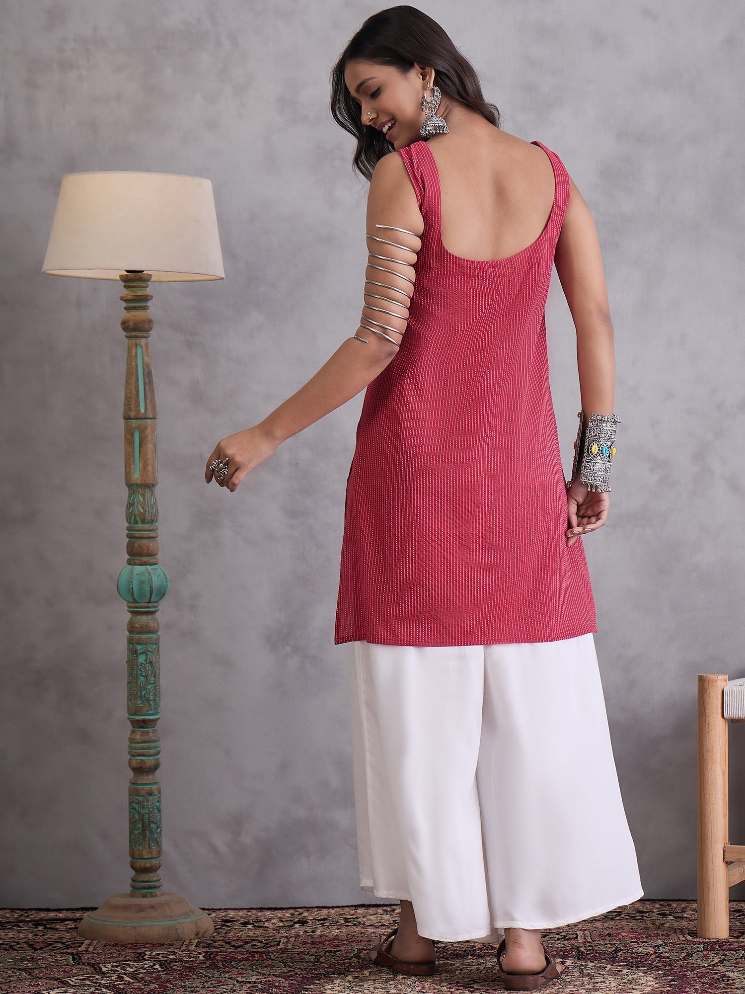 InWeave Maroon Kantha Striped Kurta