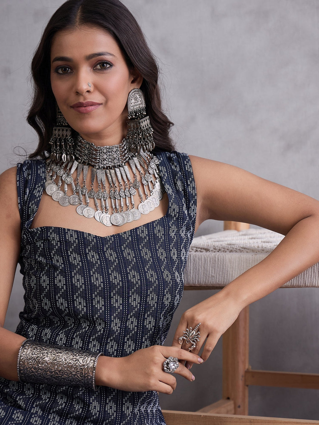 InWeave Black Ikkat Kantha Kurta
