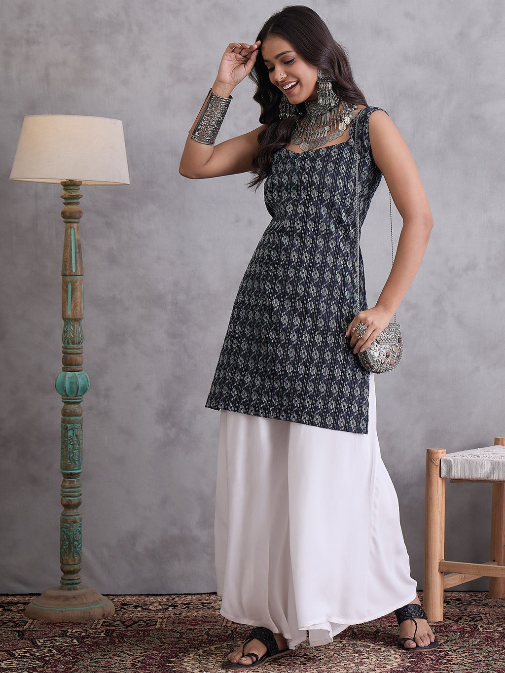 InWeave Black Ikkat Kantha Kurta