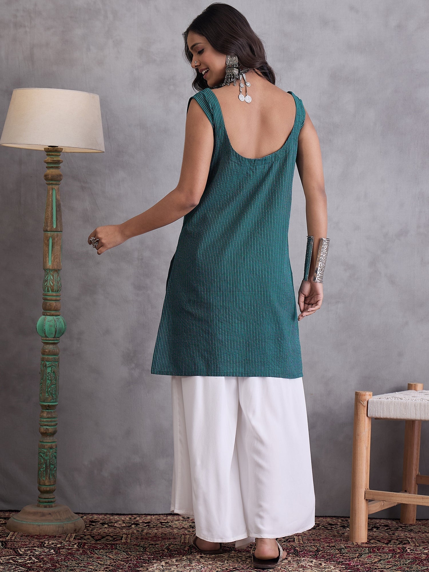 InWeave Emerald Green Kantha Striped Kurta
