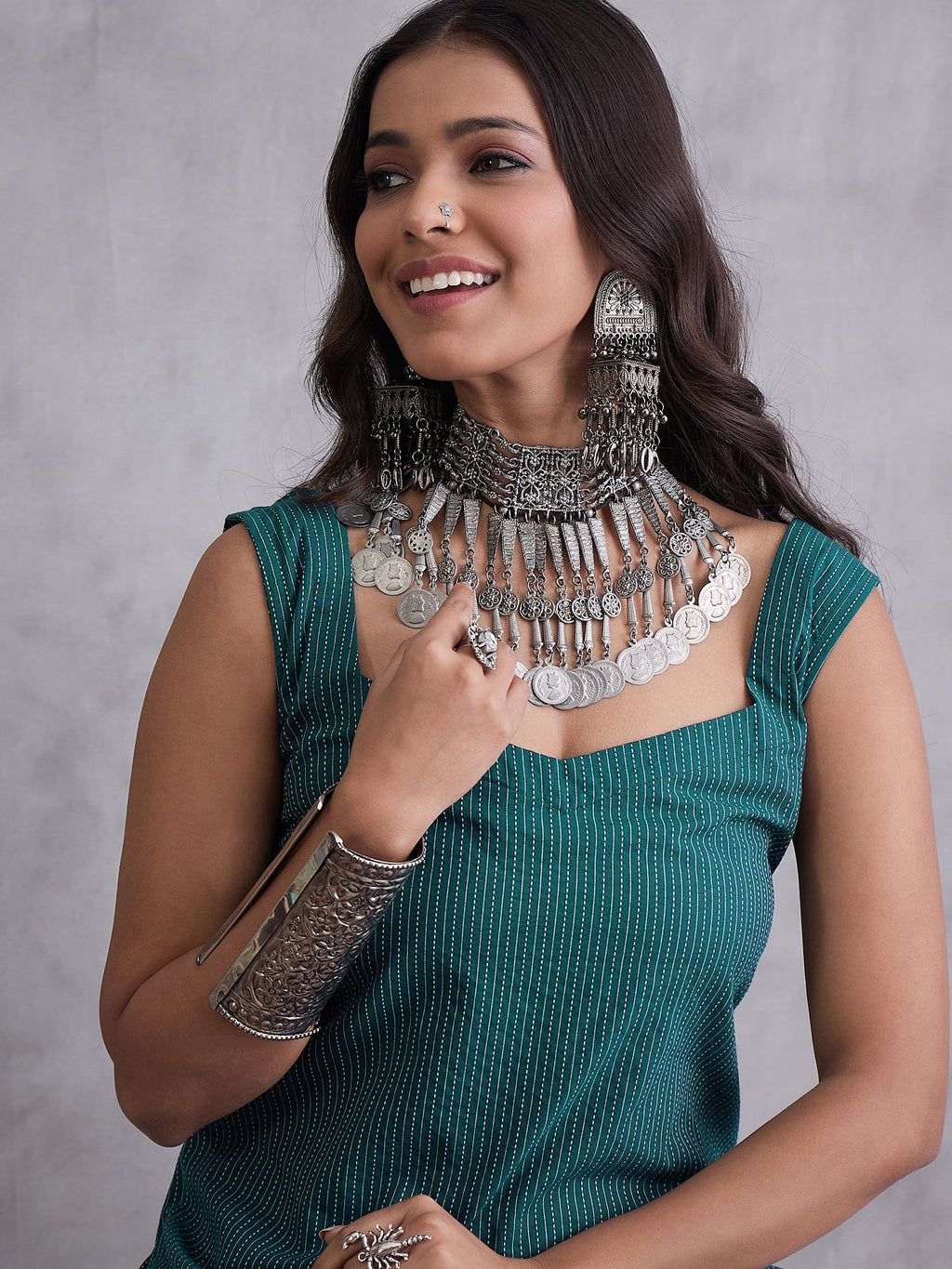 InWeave Emerald Green Kantha Striped Kurta