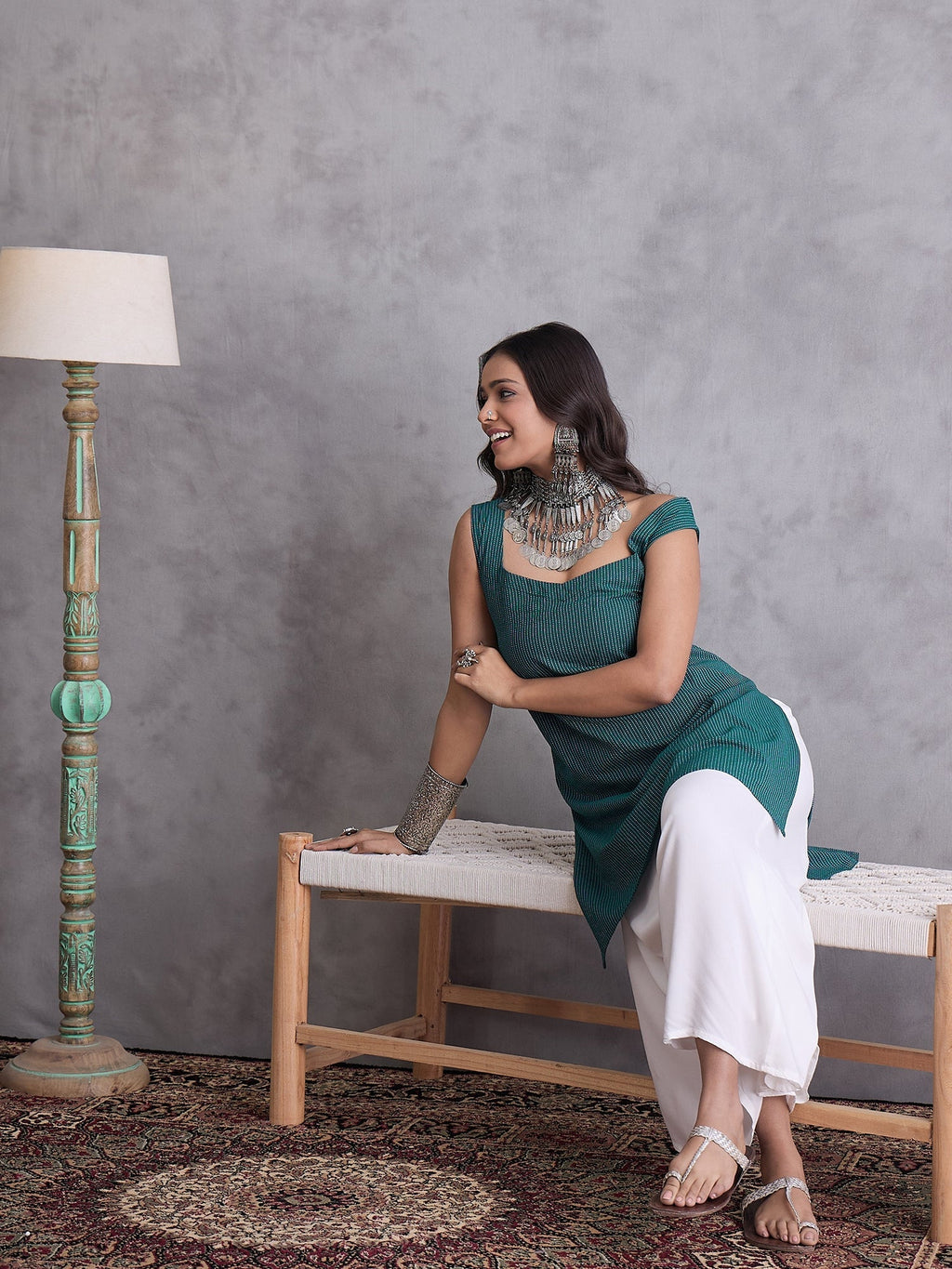 InWeave Emerald Green Kantha Striped Kurta