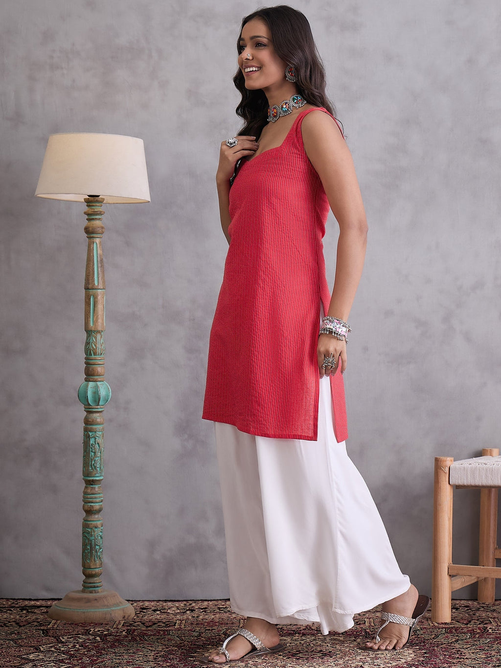 InWeave Red Kantha Striped Kurta