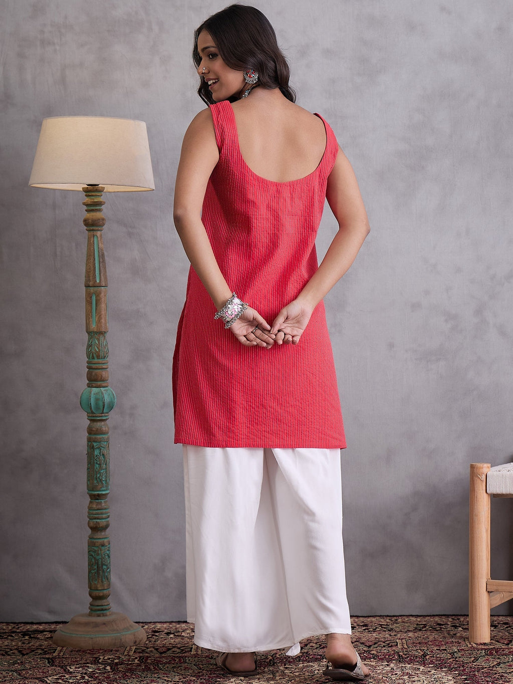 InWeave Red Kantha Striped Kurta