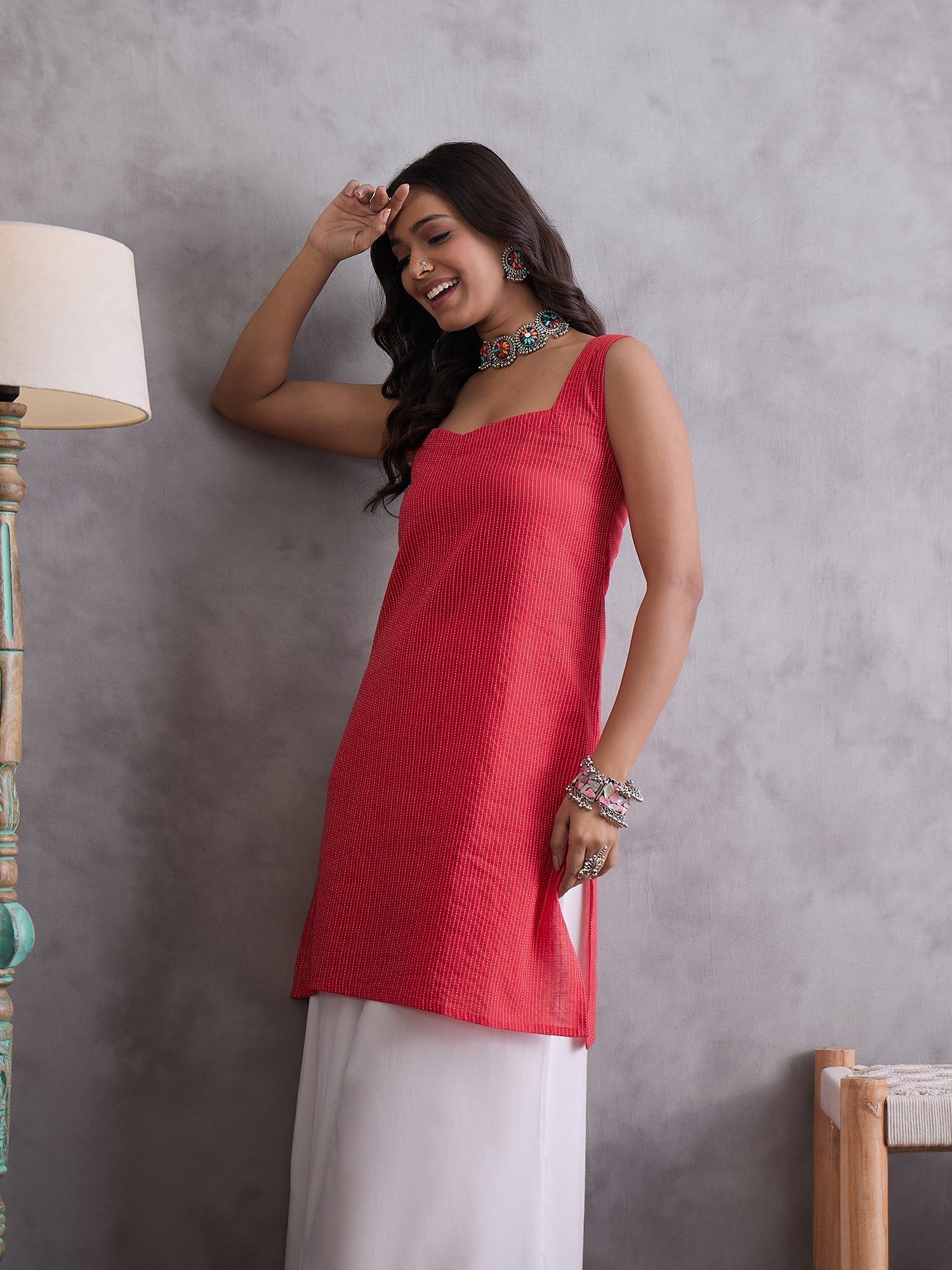 InWeave Red Kantha Striped Kurta