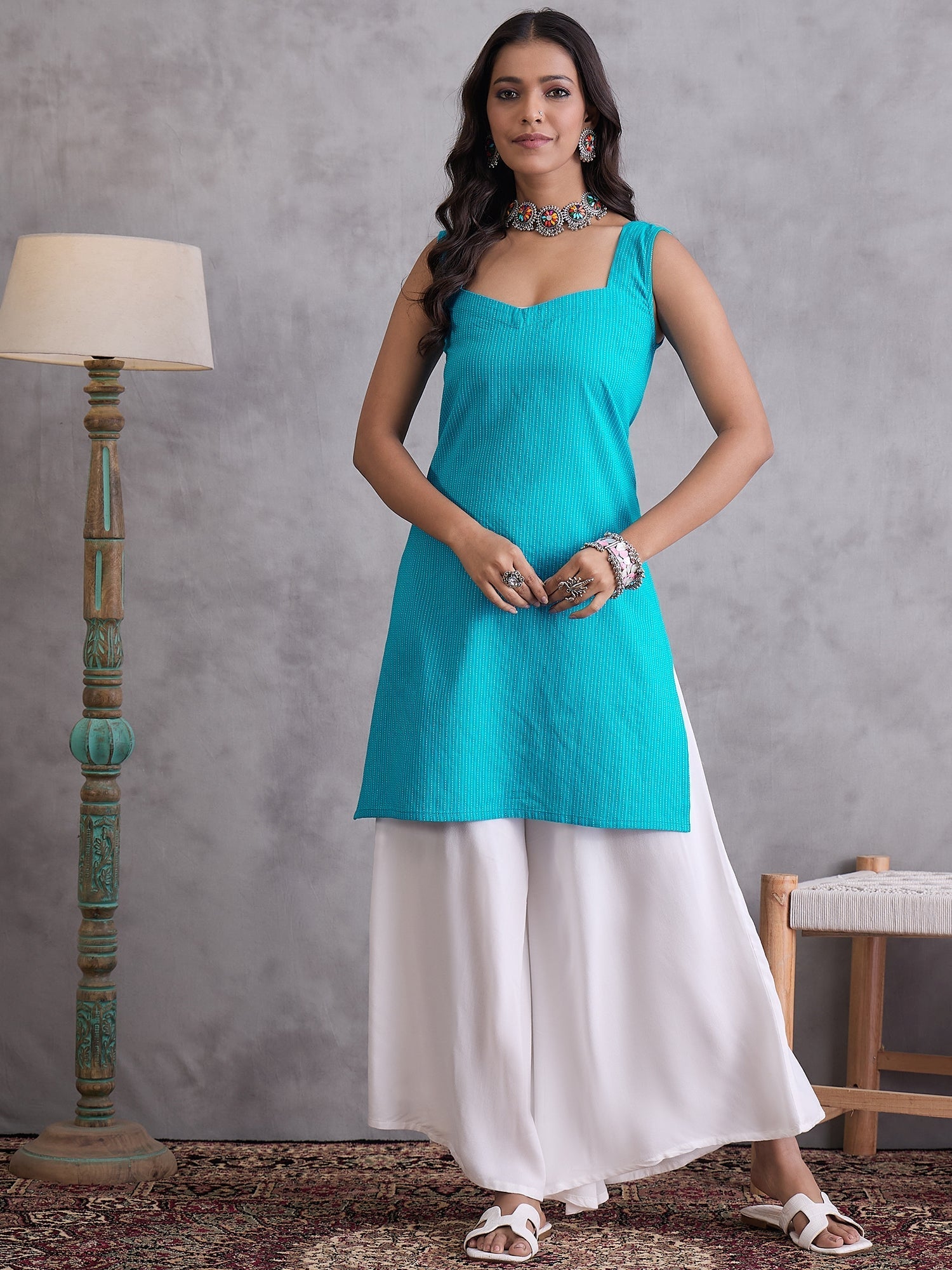 InWeave Cyan Blue Kantha Striped Kurta